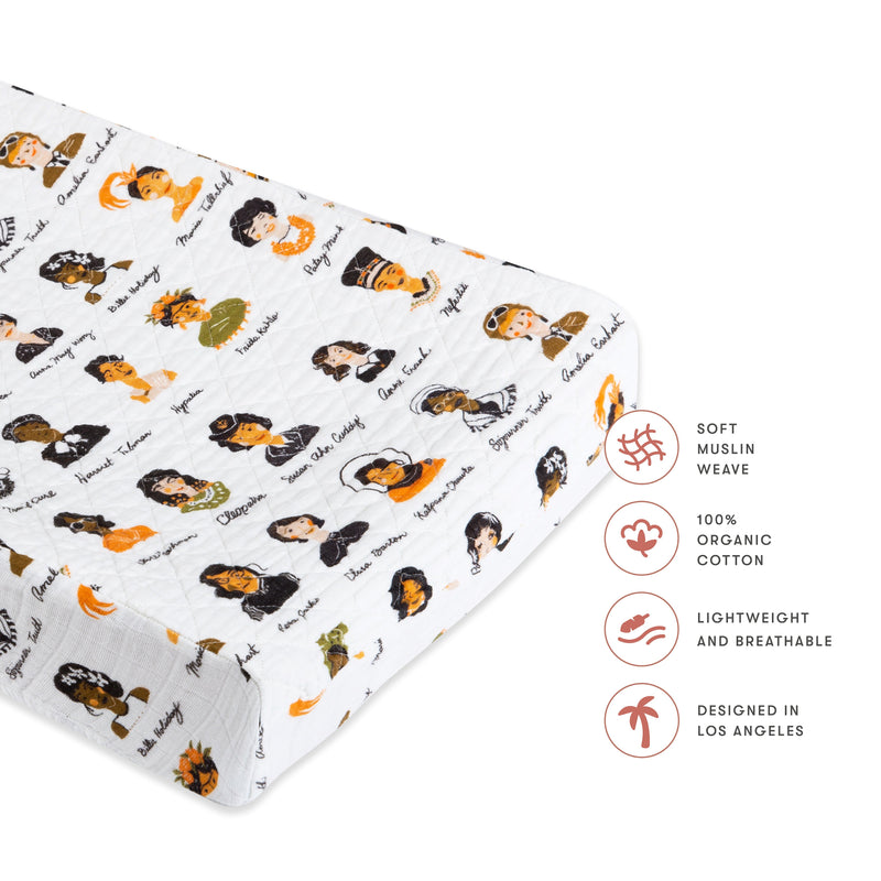 T28437,Women In History Quilted Muslin Changing Pad Cover in GOTS Certified Organic Cotton