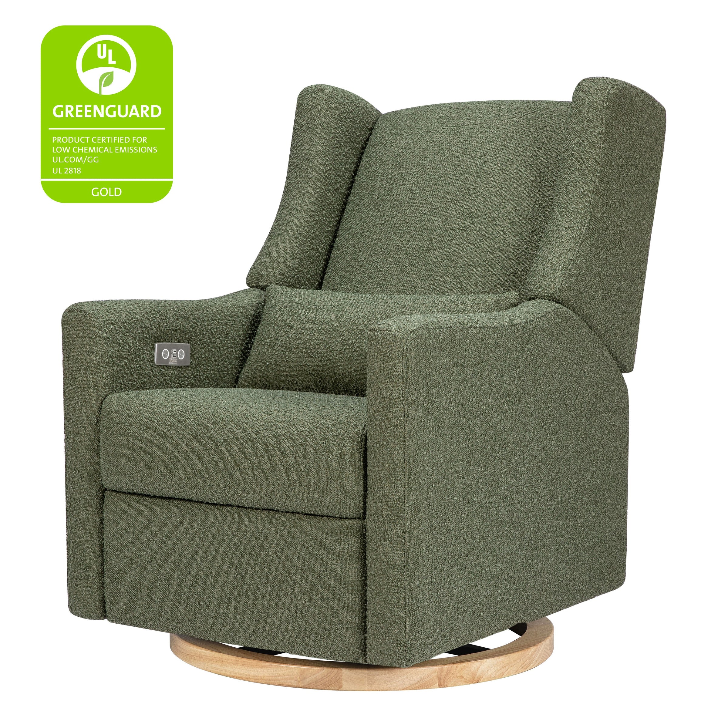 M11288OBLB,Kiwi Glider Recliner w/ Electronic Control and USB in Olive Boucle w/Light Wood Base