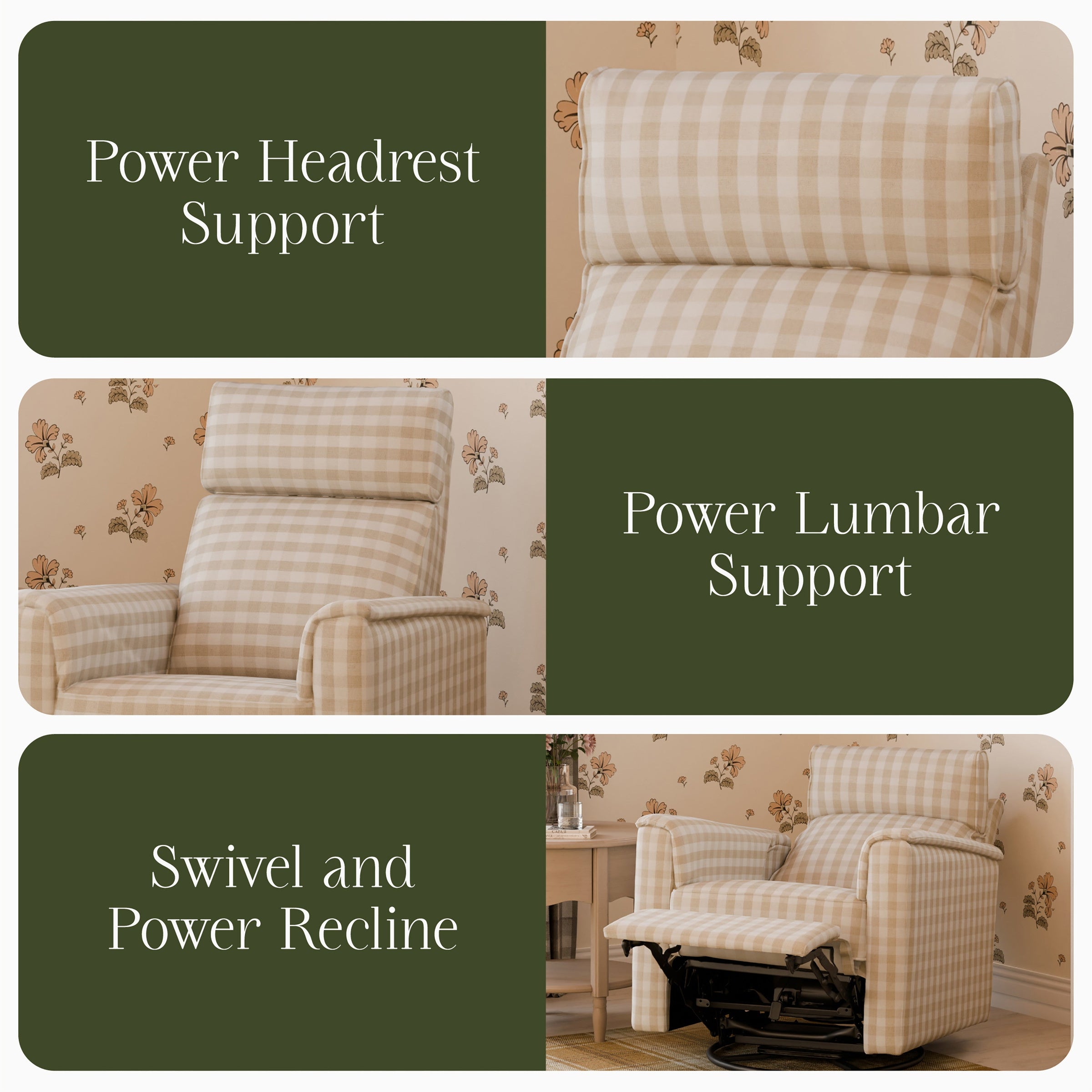 M17182TGH,Willa Pro Power Glider Recliner w/ Power Lumbar in Tan Gingham