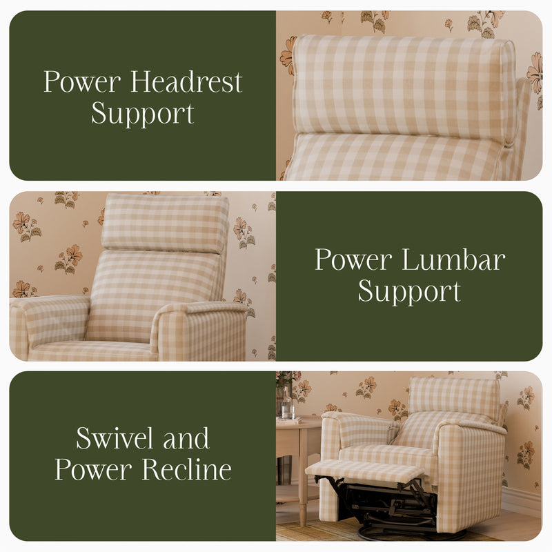 M17182TGH,Willa Pro Power Glider Recliner w/ Power Lumbar in Tan Gingham