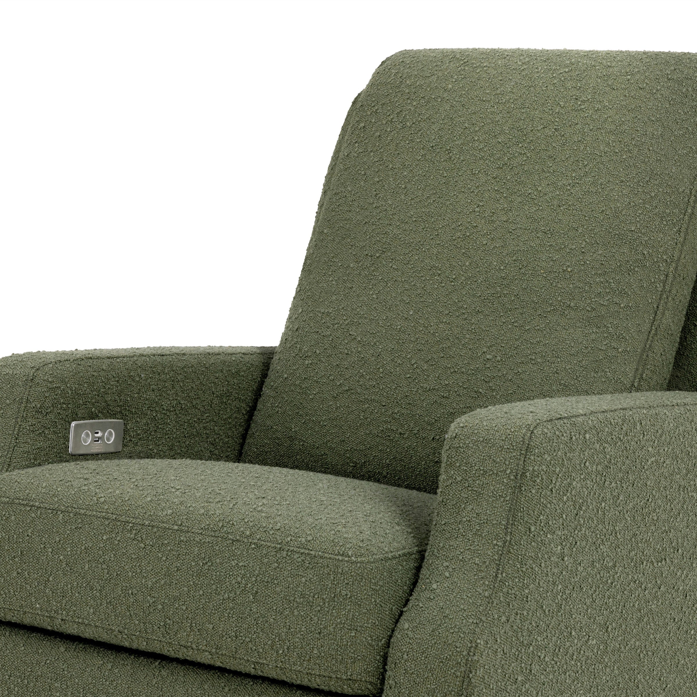 M22286OBLB,Crewe Electronic Swivel Glider Recliner in Olive Boucle w/Light Wood Base