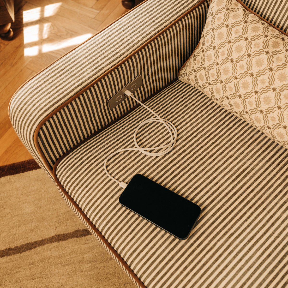 M23085OSCTB,Nate Berkus x Babyletto Sigi Power Recliner in Perf Olive Stripe Eco-Crossweave w/Toffee Base