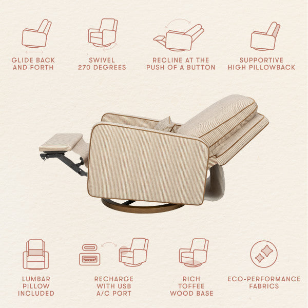 M23085BSCTB,Nate Berkus x Babyletto Sigi Power Recliner in Perf Bronze Stripe Eco-Crossweave w/Toffee Base