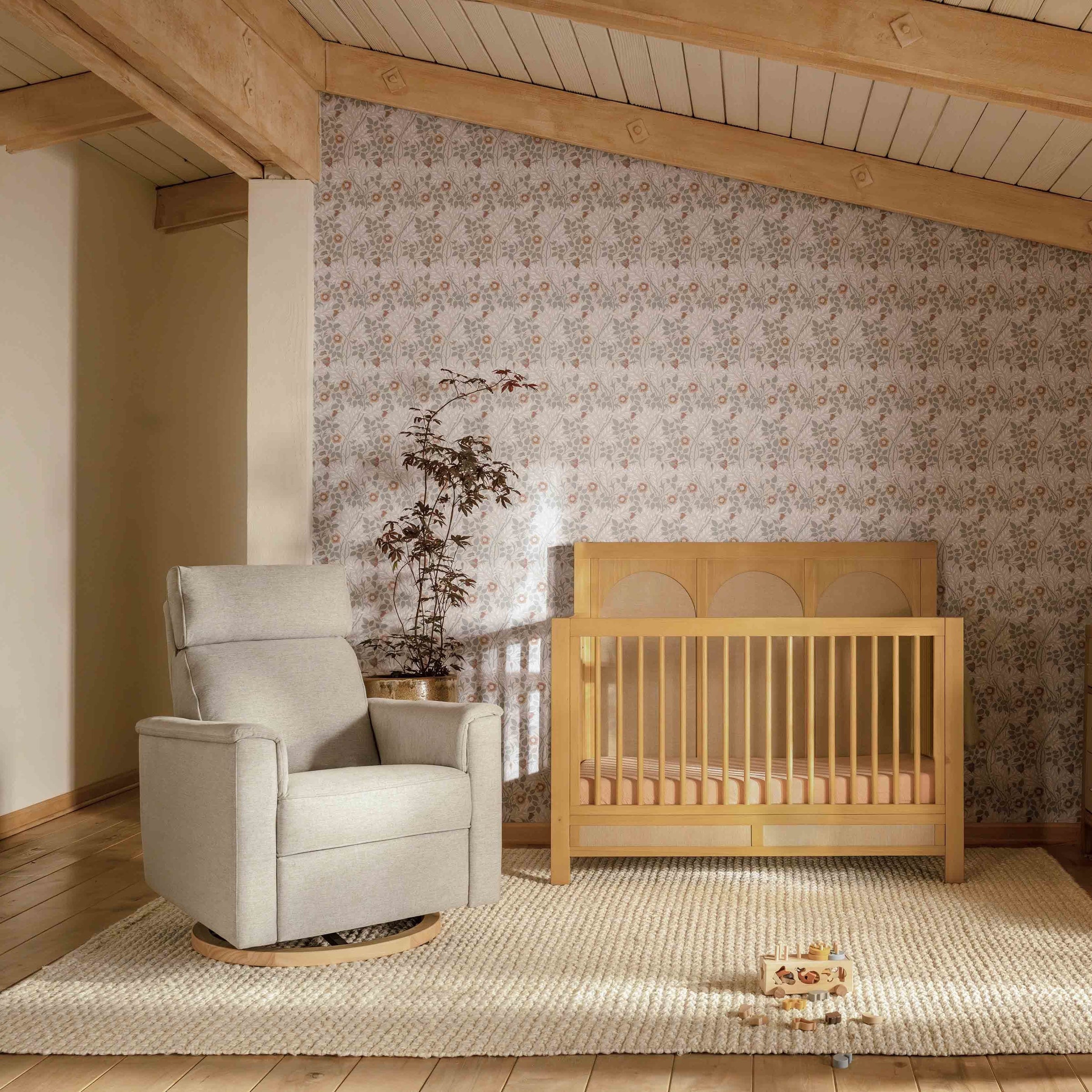 B17186PGEWLB,Willa Plus Power Glider Recliner w/ Power Headrest in Performance Grey Eco-Weave w/Light Wood Base