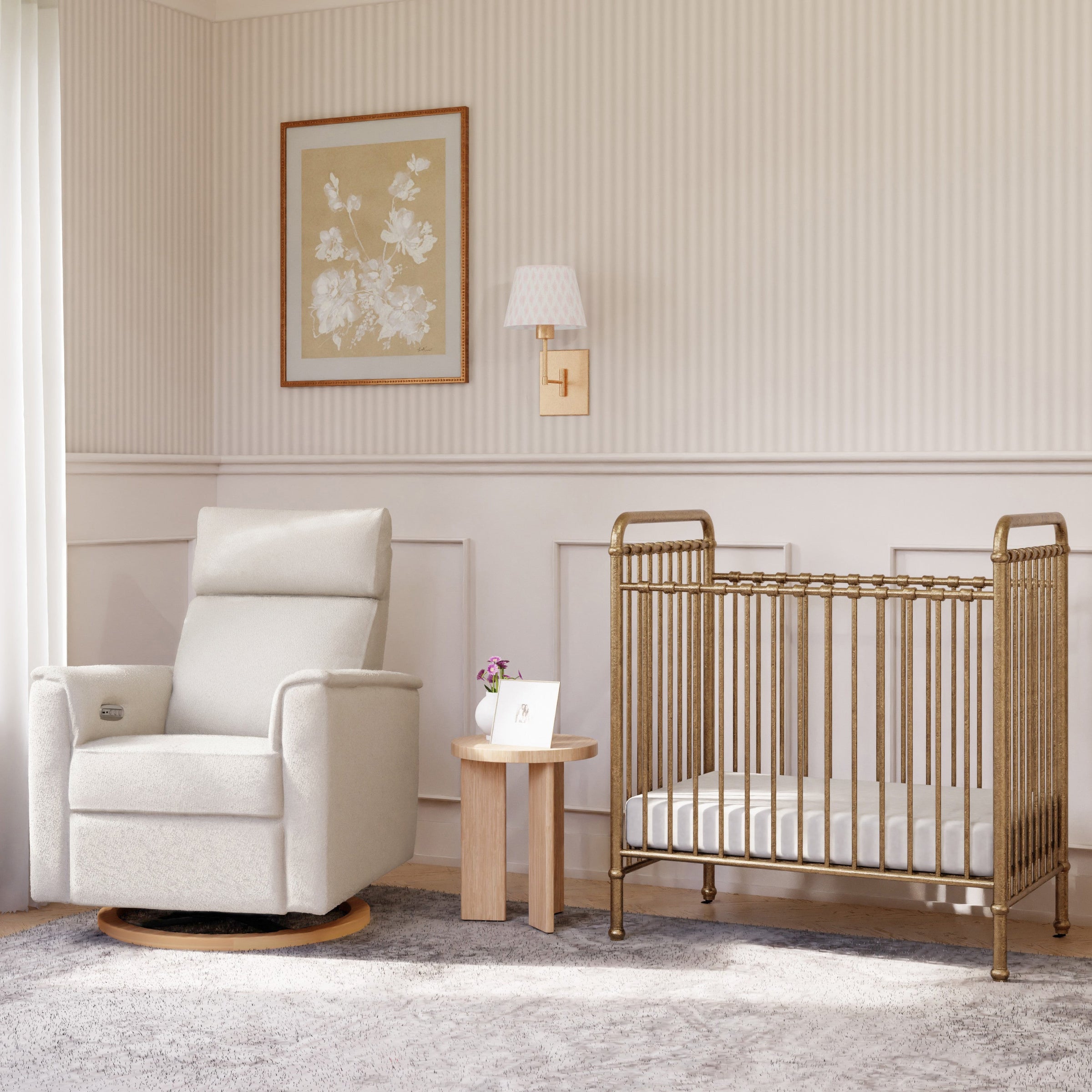 B17186WBLB,Willa Plus Power Glider Recliner w/ Power Headrest in Ivory Boucle with Light Wood Base