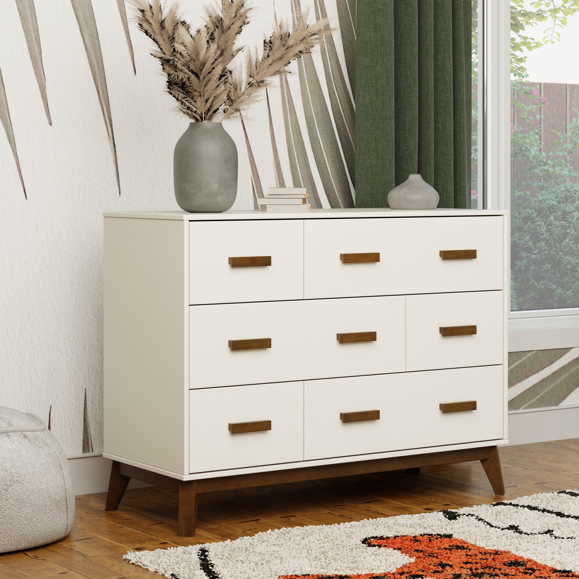 M5826WNL,Scoot 6-Drawer Dresser in White/Natural Walnut