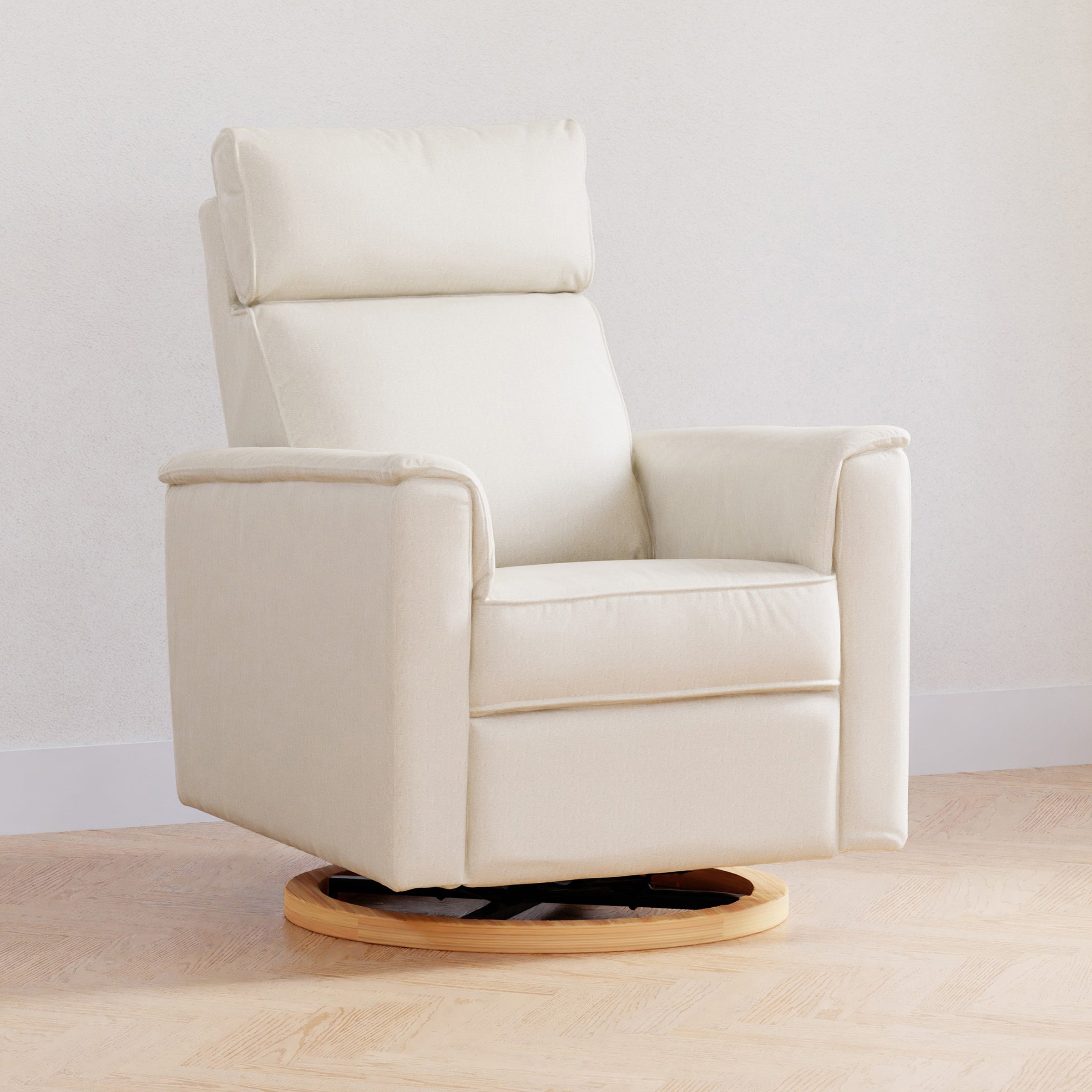B17186PCMEWLB,Willa Plus Power Glider Recliner w/ Power Headrest in Performance Cream Eco-Weave w/Light Wood base