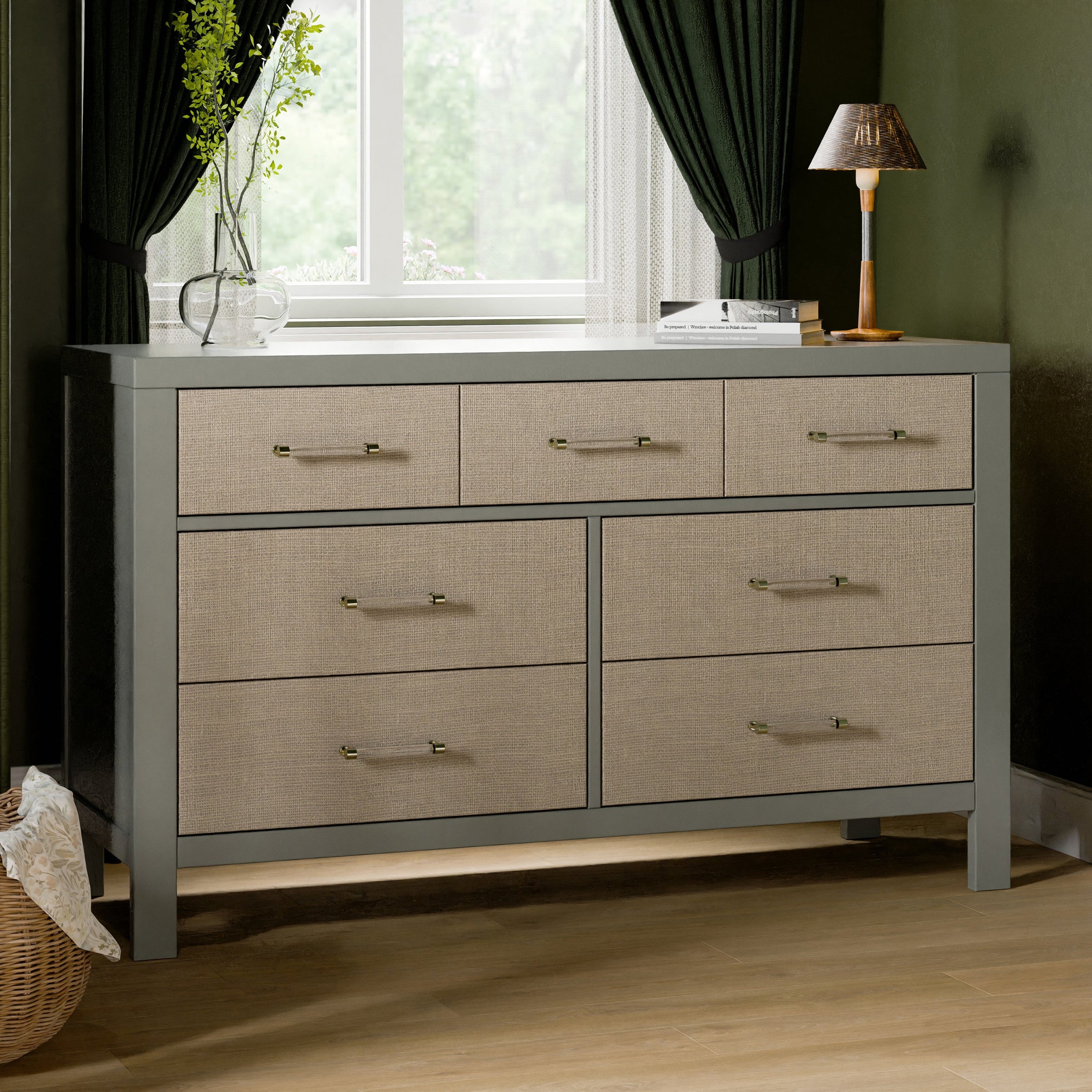 M24816FSPSEW,Eloise 7-Drawer Assembled Dresser in French Sage and Performance Sand Eco-Weave