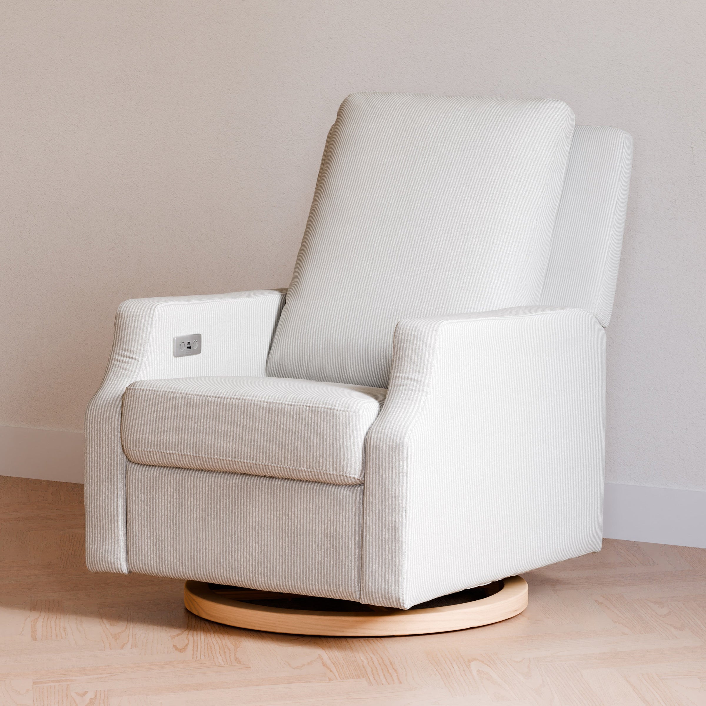 M22286FCSLB,Crewe Electronic Swivel Glider Recliner in Fog Chatham Stripe Performance Eco-Weave w/LB