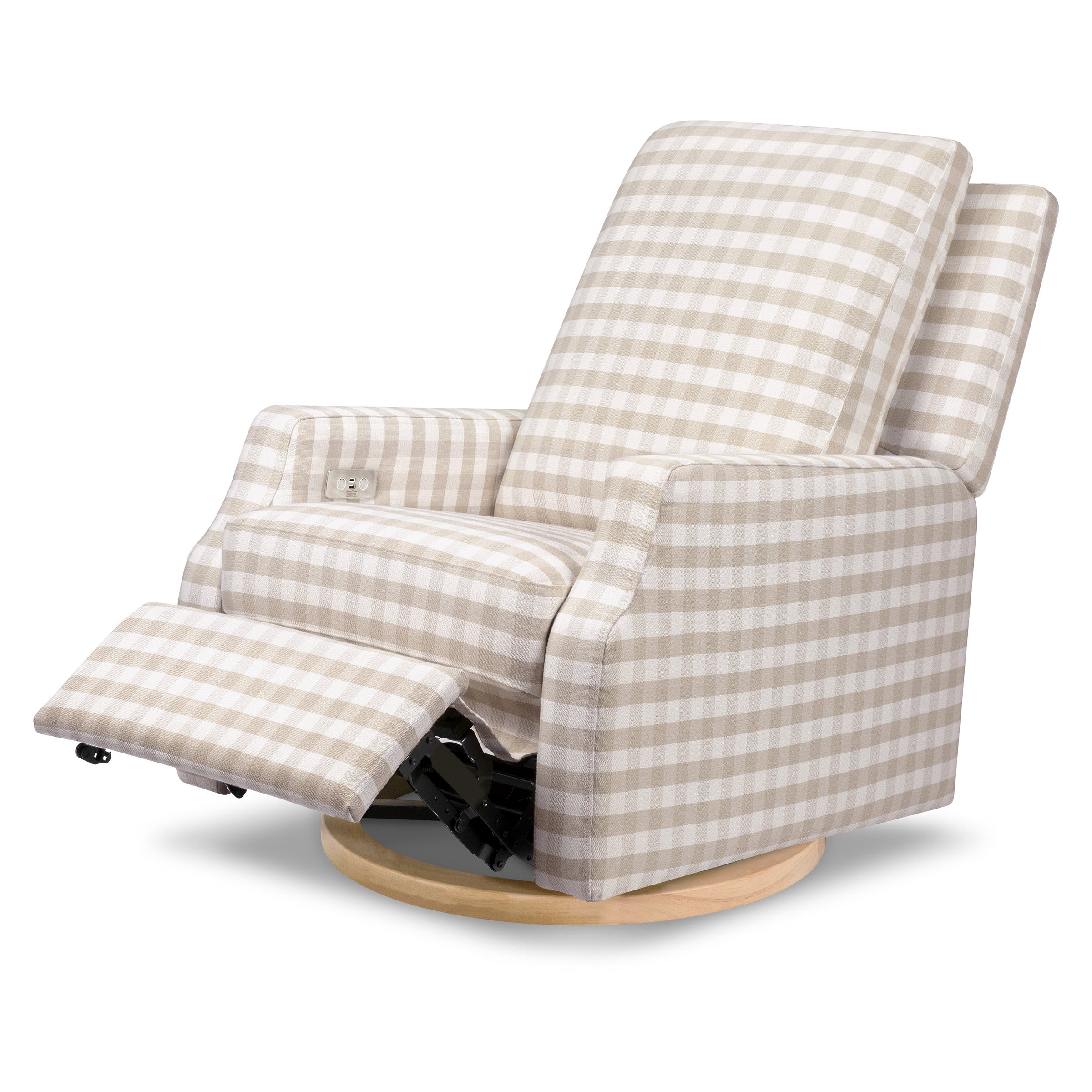 M22286TGHLB,Crewe Electronic Swivel Glider Recliner in Tan Gingham with Light Wood Base