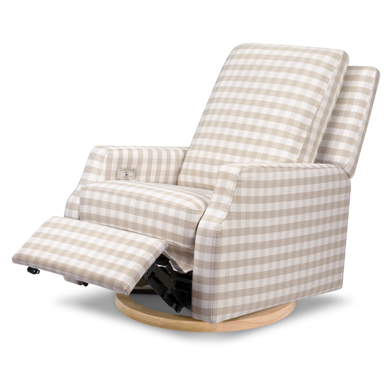 M22286TGHLB,Crewe Electronic Swivel Glider Recliner in Tan Gingham with Light Wood Base