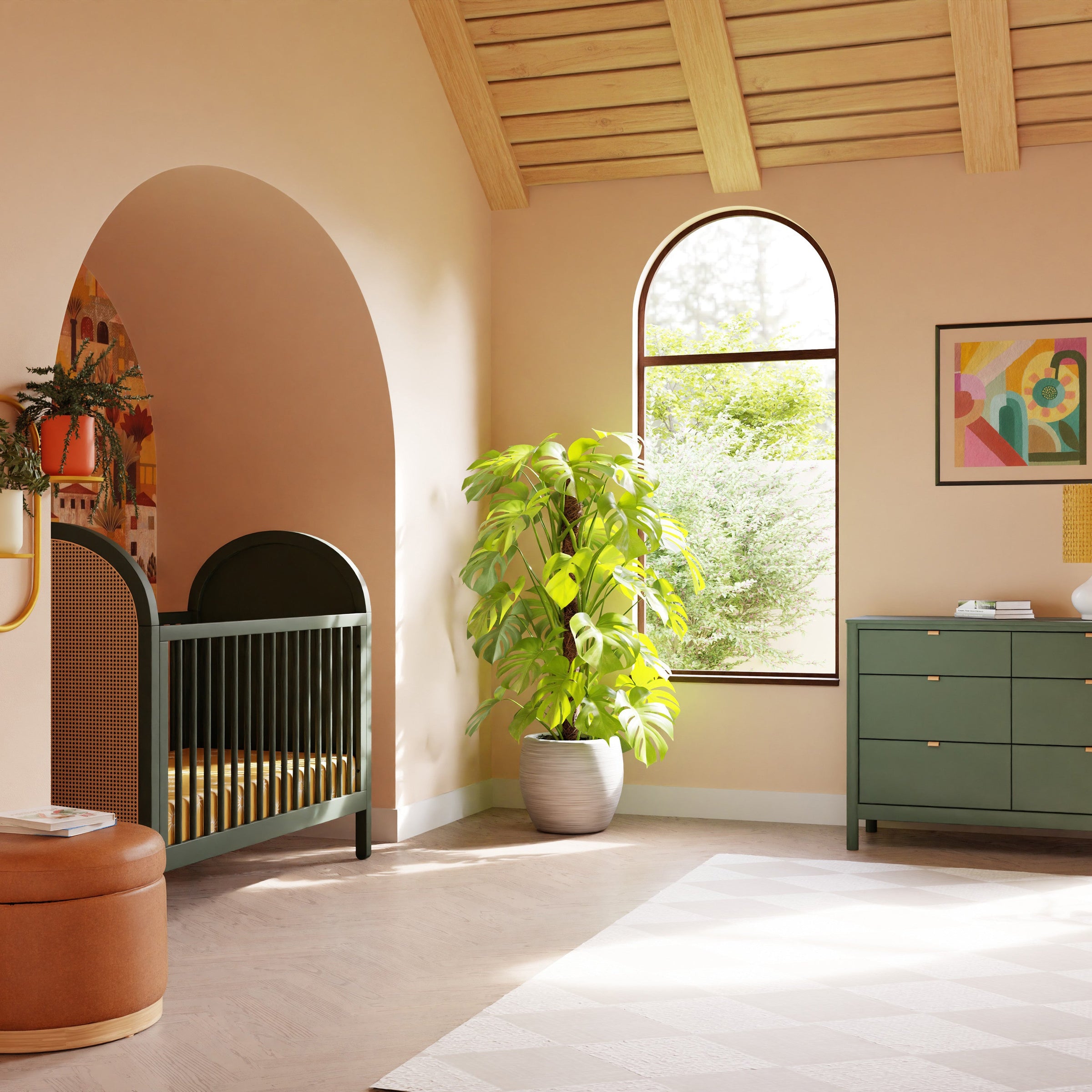 M25601FRGRNC,Bondi Cane 3-in-1 Convertible Crib w/ Toddler Bed Kit in Forest Green w/ Natural Cane