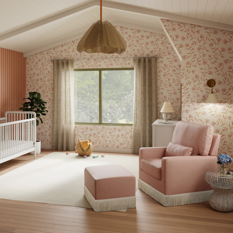 M21787RSBIF,Crawford Pillowback Comfort Swivel Glider in Rose Boucle with Ivory Tassel Fringe