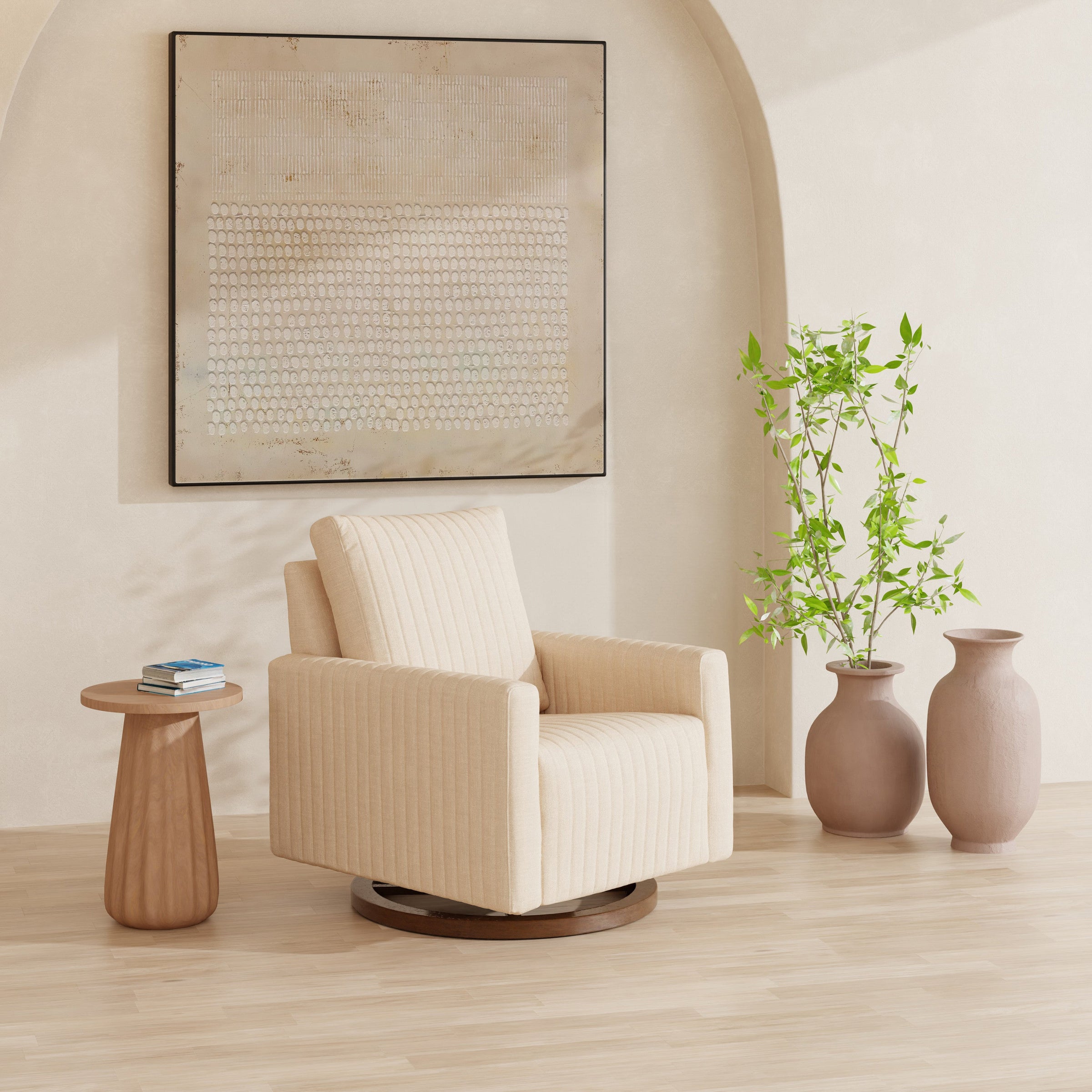 M26687PCMEWDB,Poe Channeled Swivel Glider in Performance Cream Eco-Weave w/ Dark Wood Base