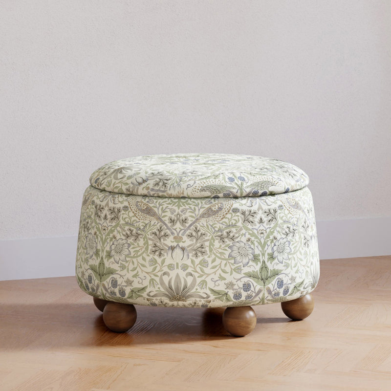M30985TTFTDF,Tuffet Storage Ottoman Strawberry Thief in Fig&Thyme w/DarkWood Ball Feet