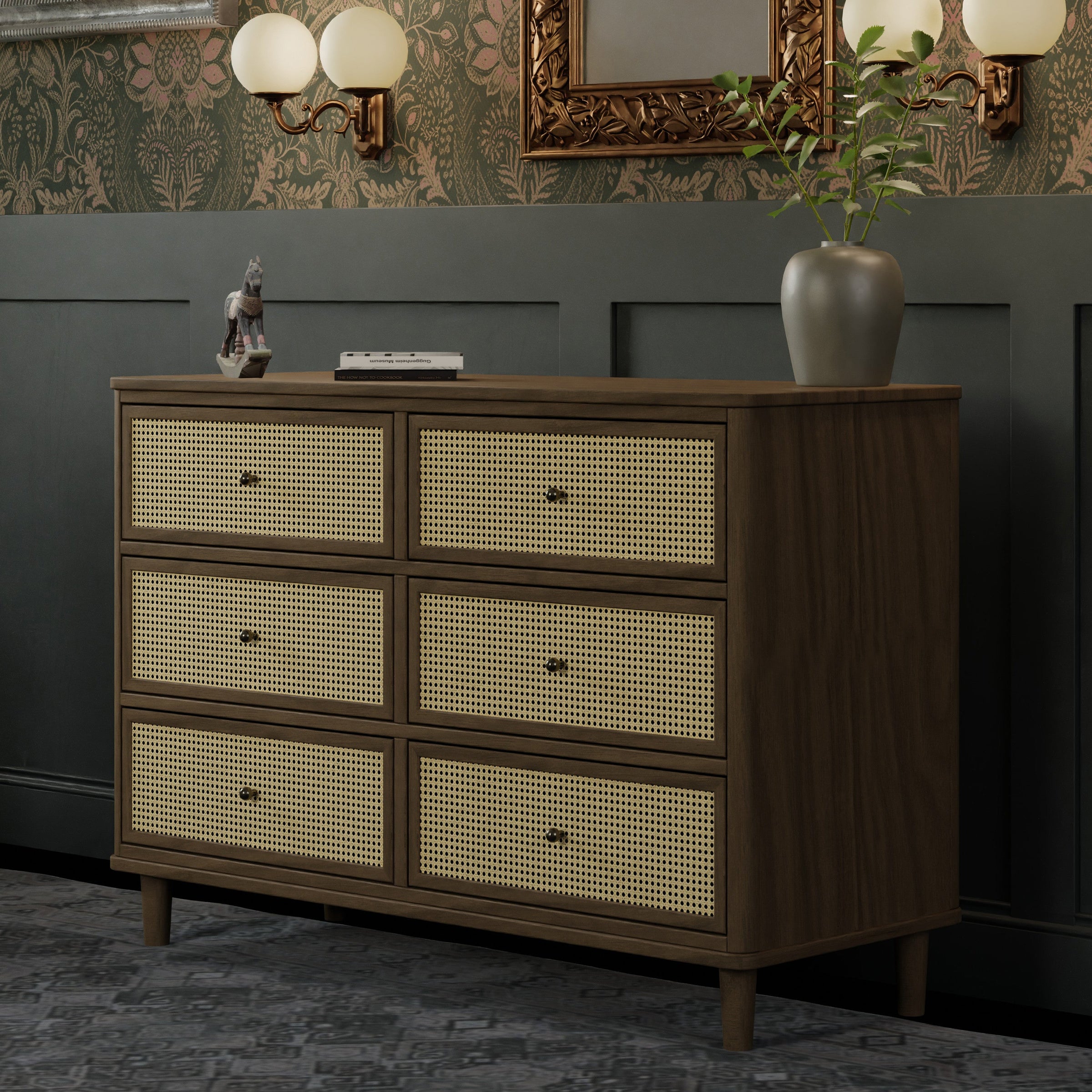 M23716NLBC,Marin with Cane 6 Drawer Assembled Dresser in Natural Walnut and Blonde Cane