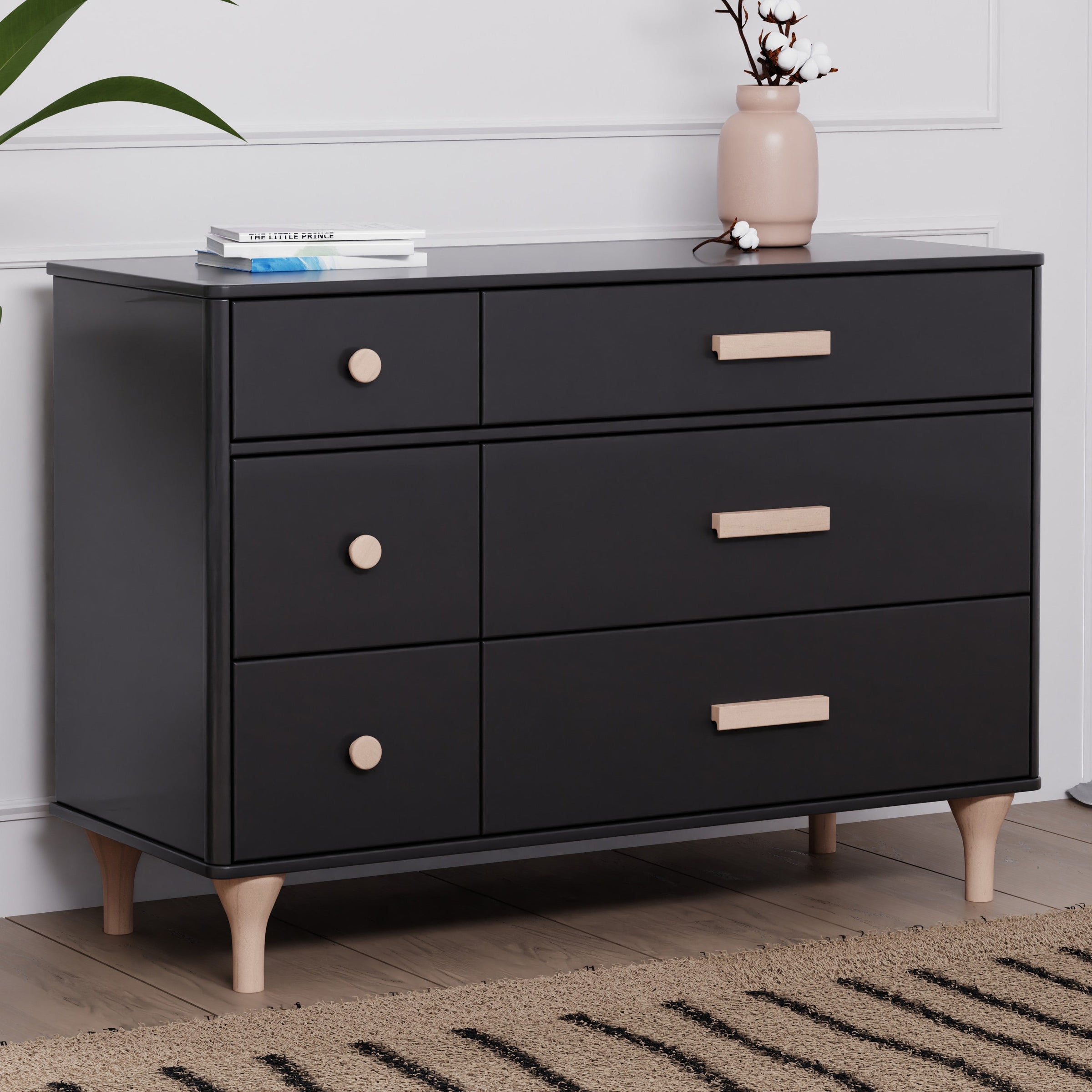 M9016BNX,Lolly 6-Drawer Double Dresser  Assembled in Black/Washed natural