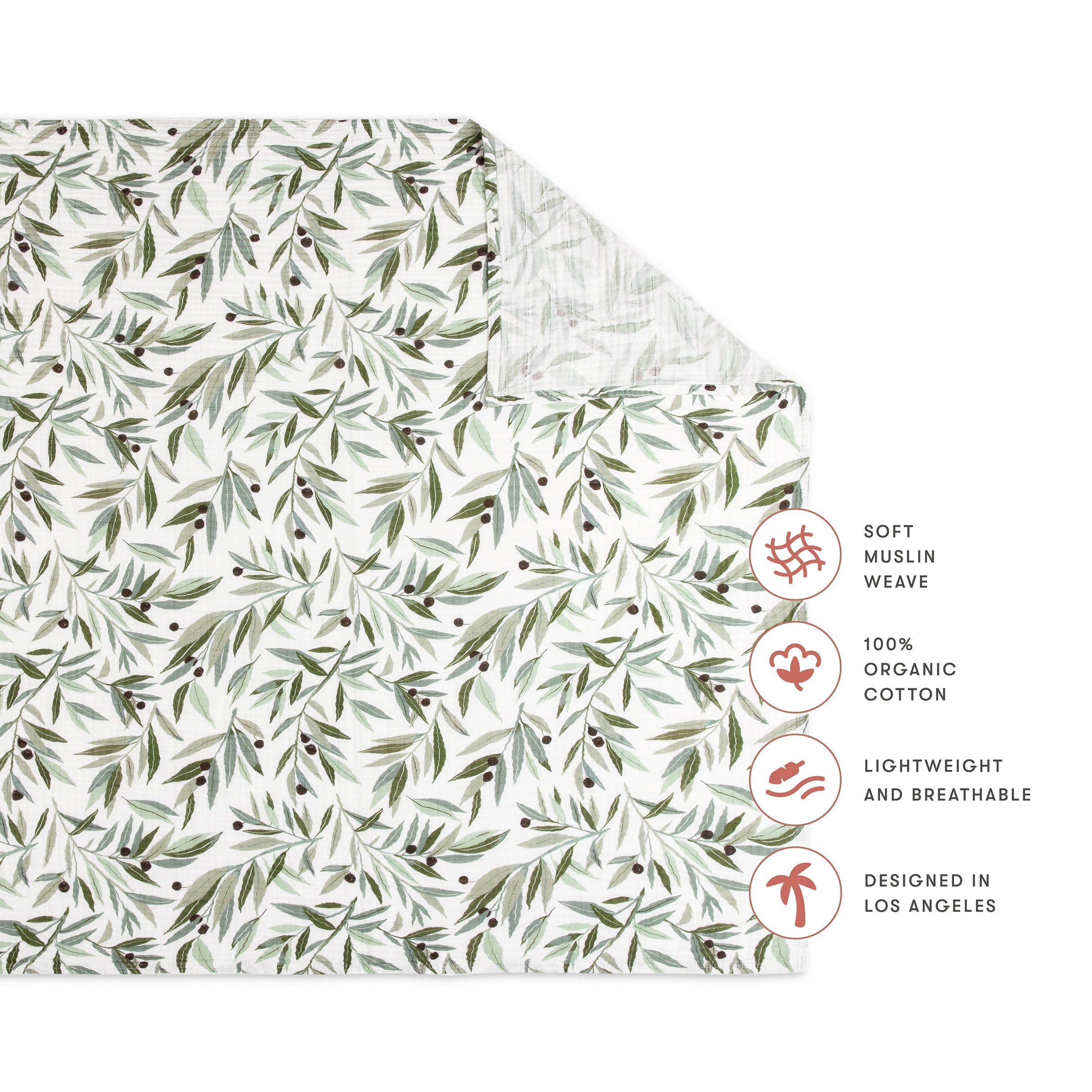T28238,Olive Branches Muslin Swaddle in GOTS Certified Organic Cotton