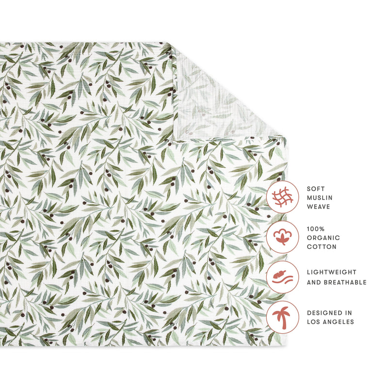 T28238,Olive Branches Muslin Swaddle in GOTS Certified Organic Cotton