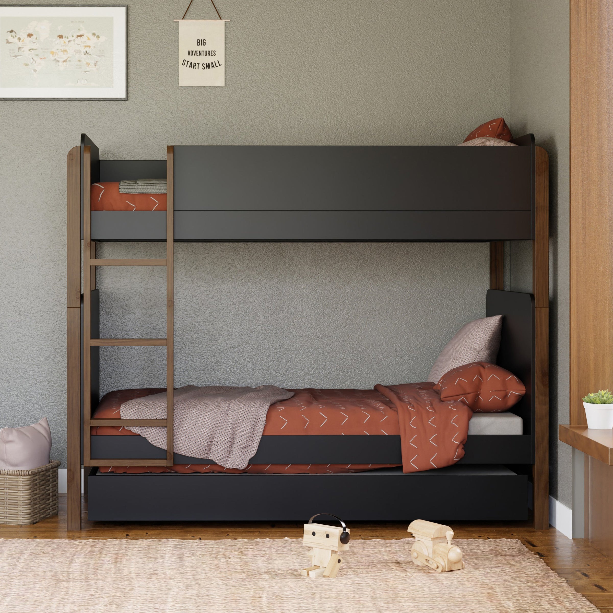 M18494BNL,TipToe Bunk Bed in Black and Natural Walnut