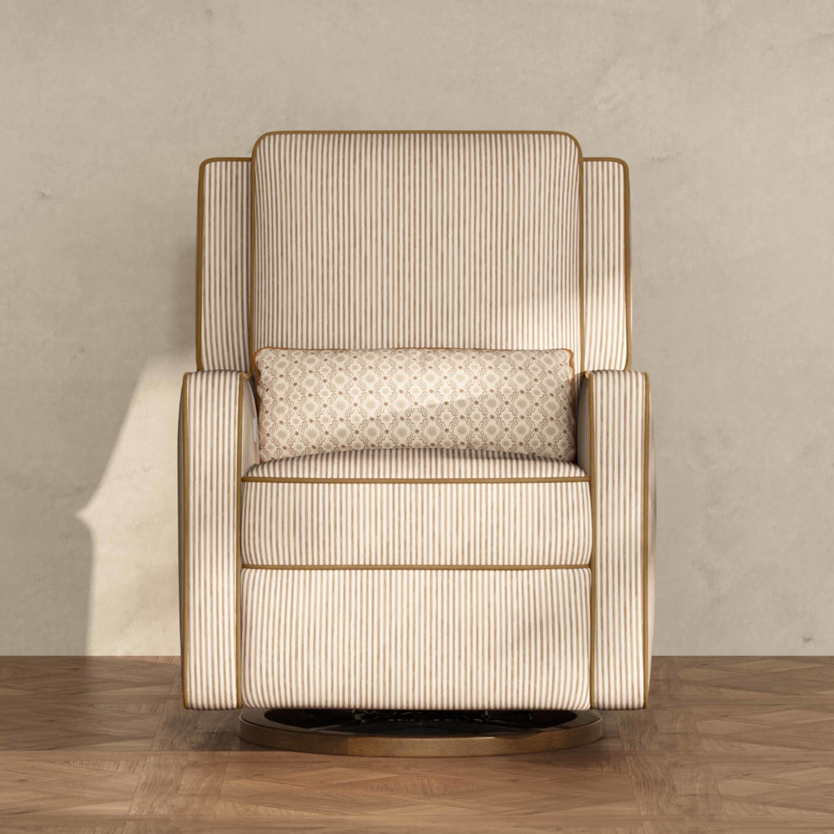 M23085BSCTB,Nate Berkus x Babyletto Sigi Power Recliner in Perf Bronze Stripe Eco-Crossweave w/Toffee Base