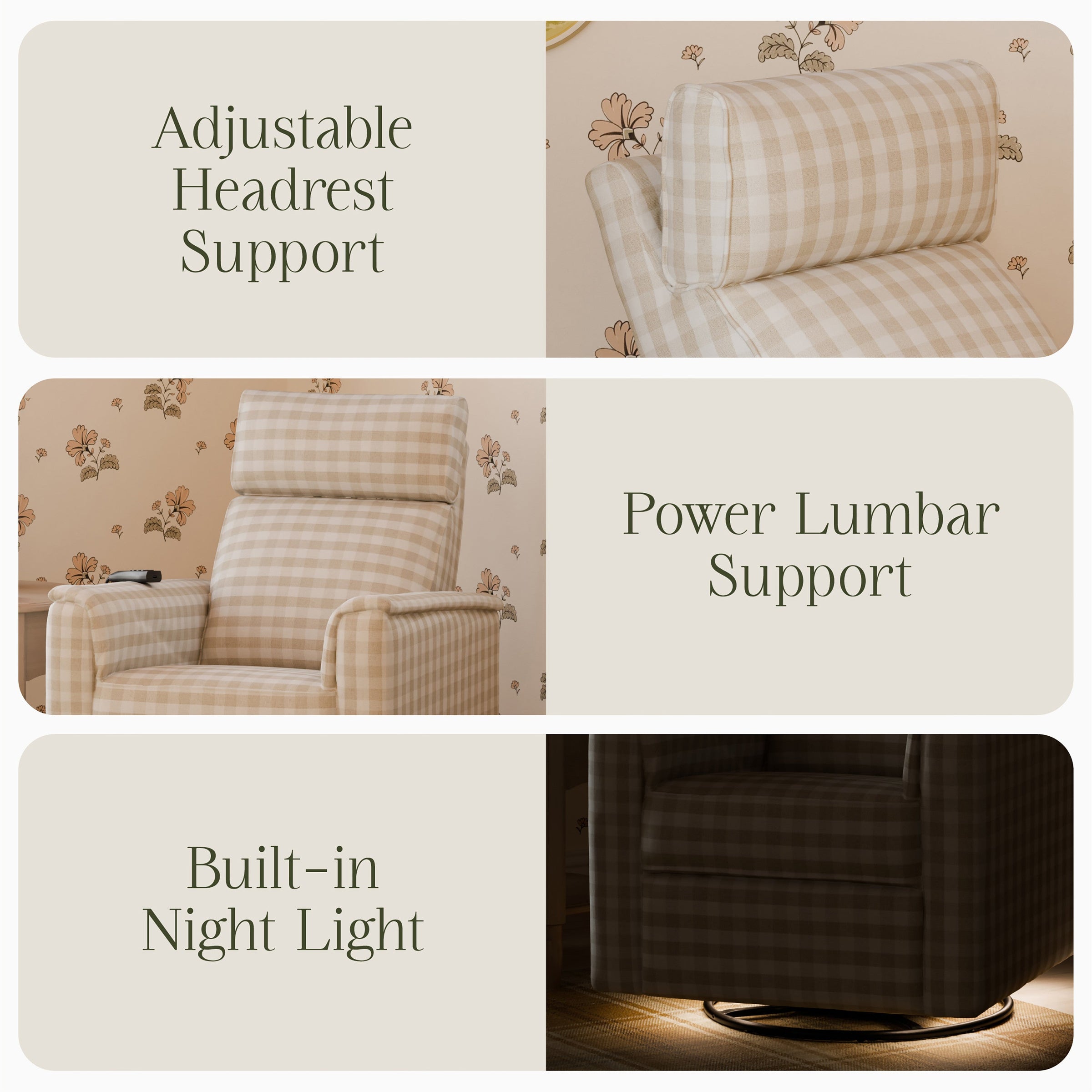 M17183TGH,Willa Deluxe Power Glider Recliner w/Heat&Massage in Tan Gingham