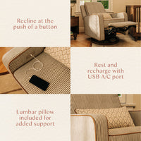 M23085OSCTB,Nate Berkus x Babyletto Sigi Power Recliner in Perf Olive Stripe Eco-Crossweave w/Toffee Base