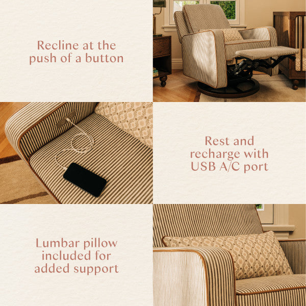 M23085OSCTB,Nate Berkus x Babyletto Sigi Power Recliner in Perf Olive Stripe Eco-Crossweave w/Toffee Base