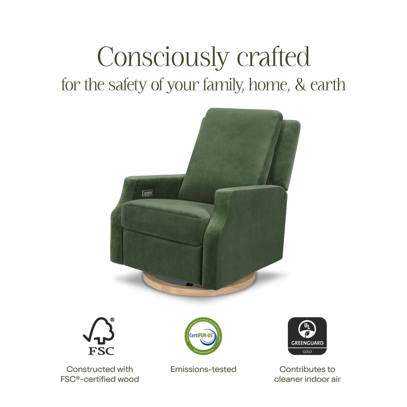 M22286FGVLB,Crewe Electronic Swivel Glider Recliner in Forest Green Velvet w/Light Wood Base