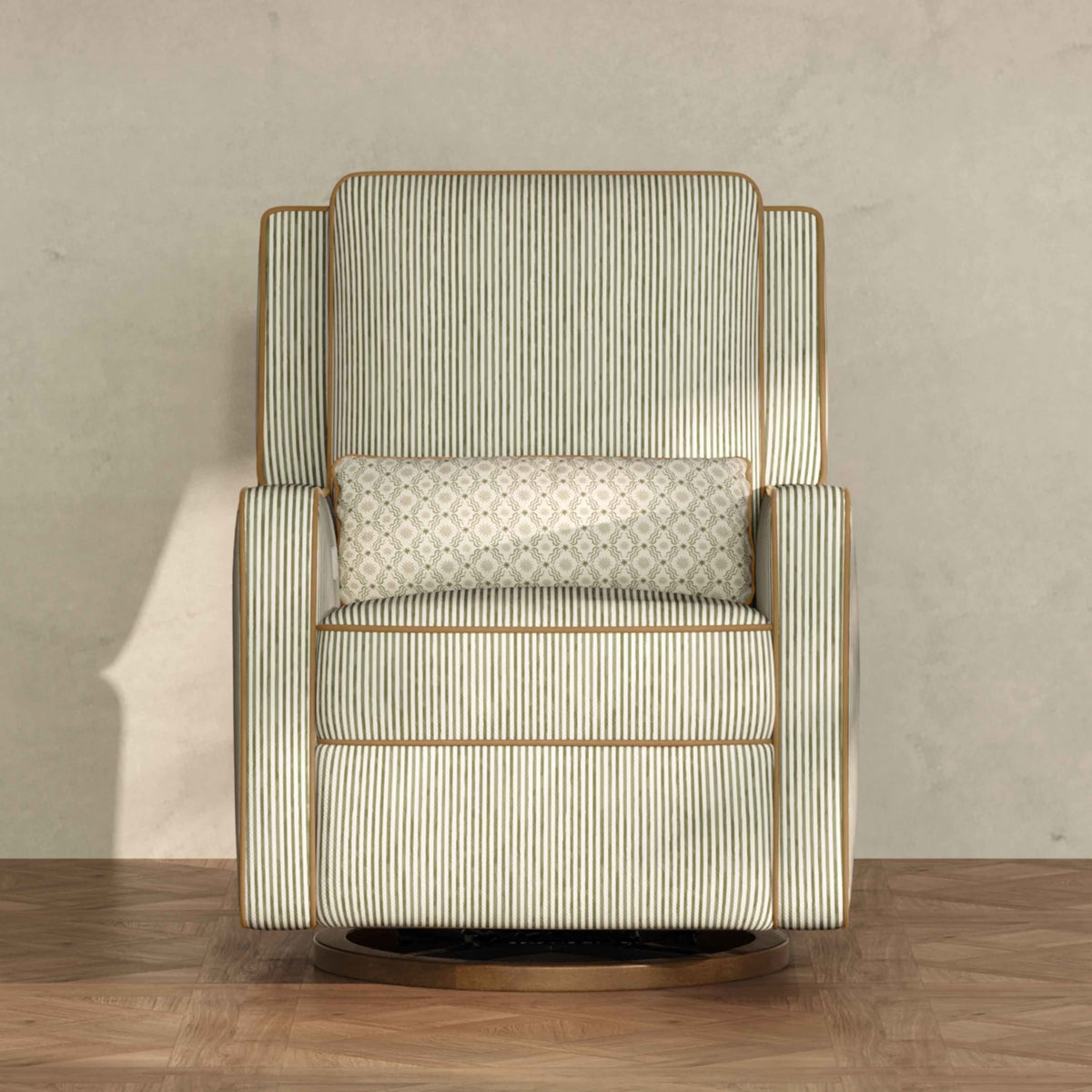 M23085OSCTB,Nate Berkus x Babyletto Sigi Power Recliner in Perf Olive Stripe Eco-Crossweave w/Toffee Base