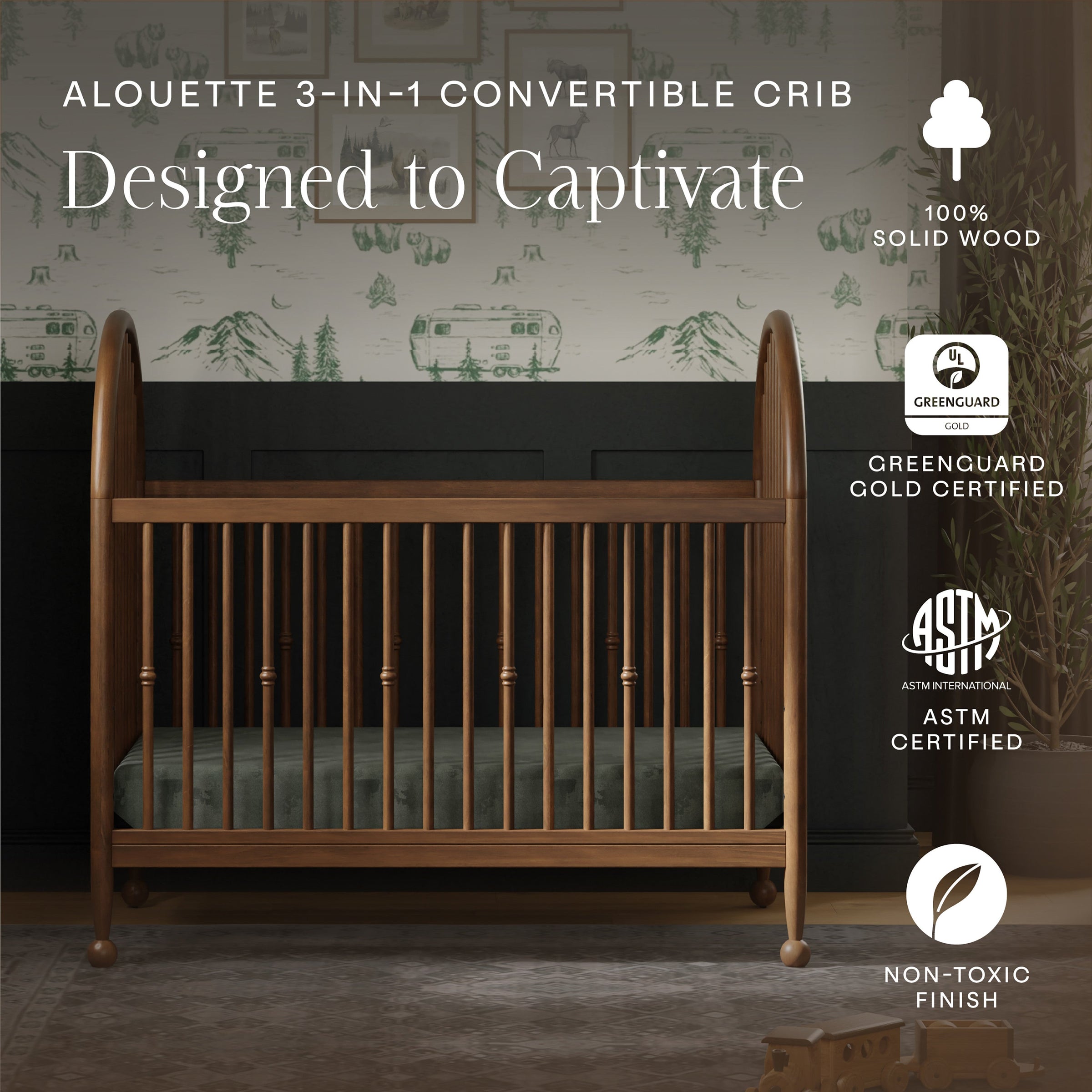 M31401NL,Alouette 3-in-1 Convertible Spindle Crib in Natural Walnut