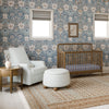 M30985BPBDF,Tuffet Storage Ottoman Bellflowers in Powdered Blue w/DarkWood Ball Feet