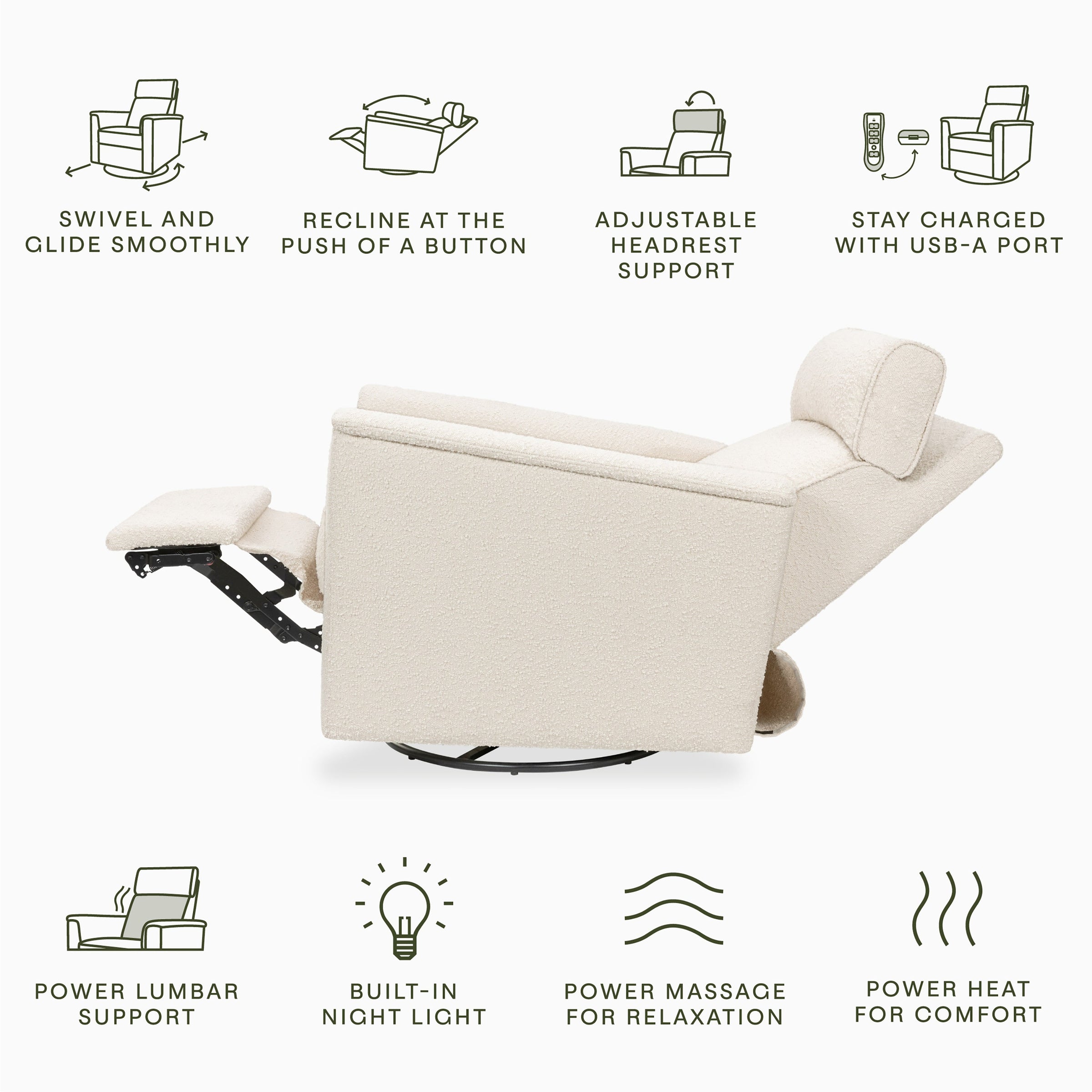 M17183PWB,Willa Deluxe Power Glider Recliner w/Heat&Massage in Performance Ivory Boucle