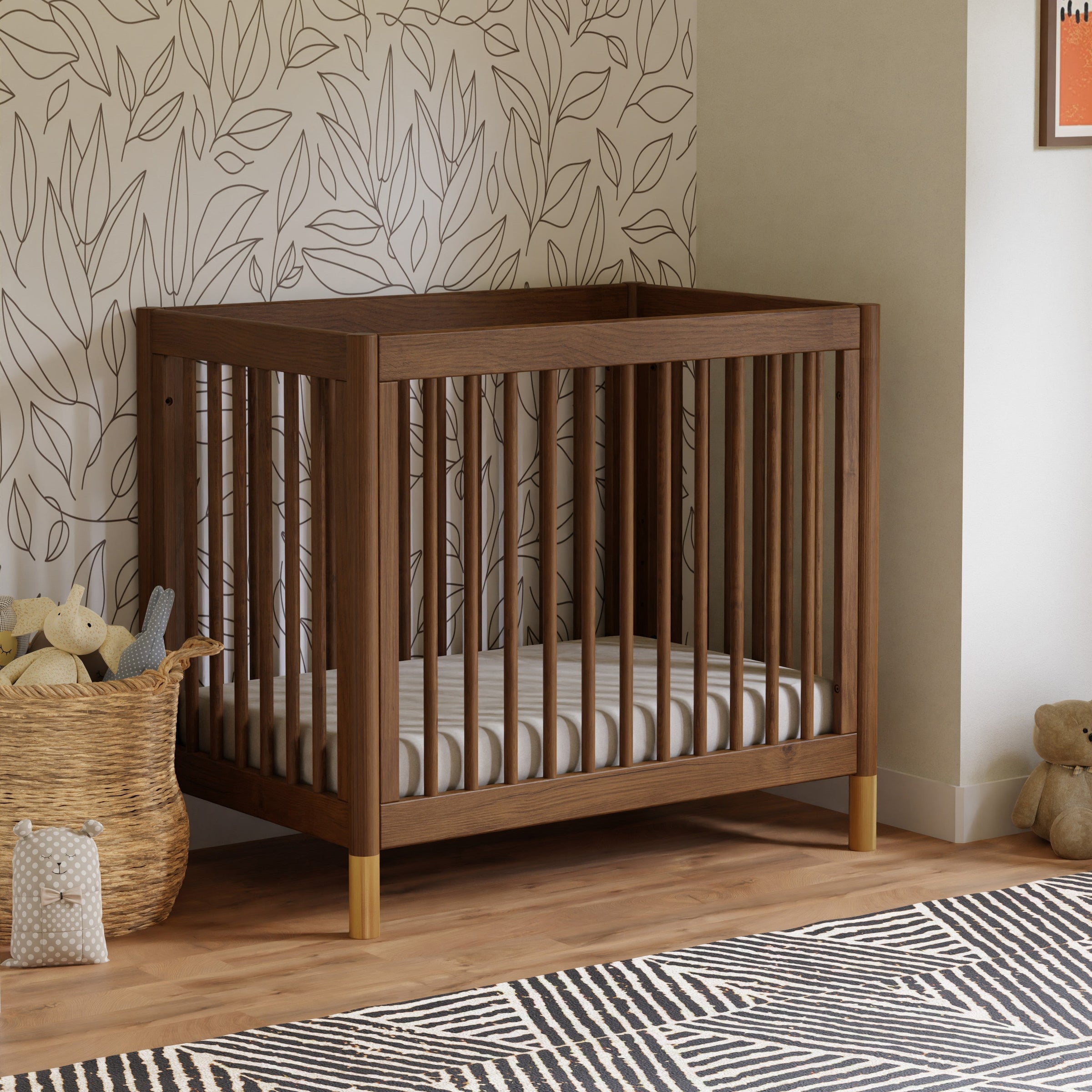 M12998NLGLD,Gelato 4-in-1 Convertible Mini Crib and Twin bed in Natural Walnut Finish with Gold Feet