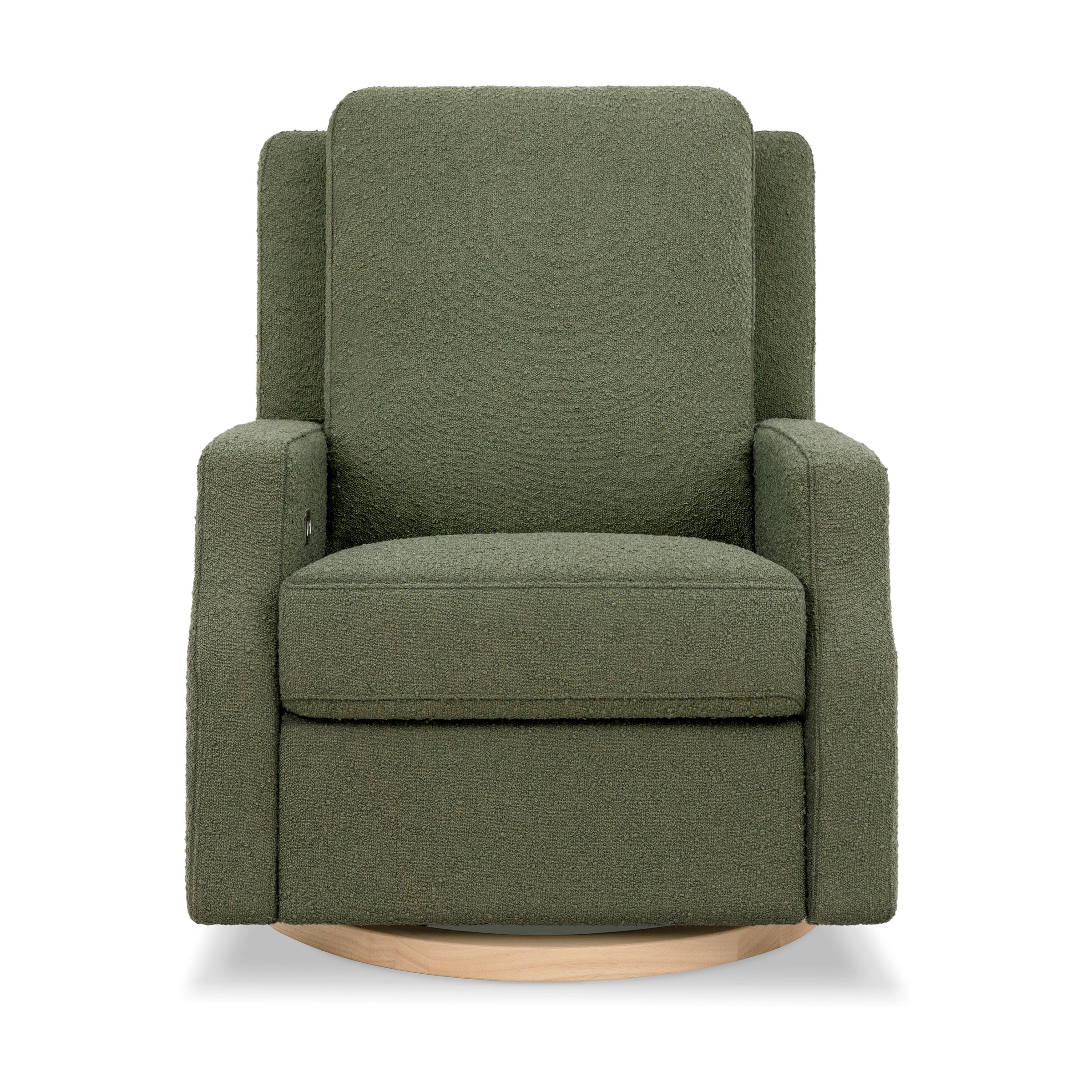 M22286OBLB,Crewe Electronic Swivel Glider Recliner in Olive Boucle w/Light Wood Base