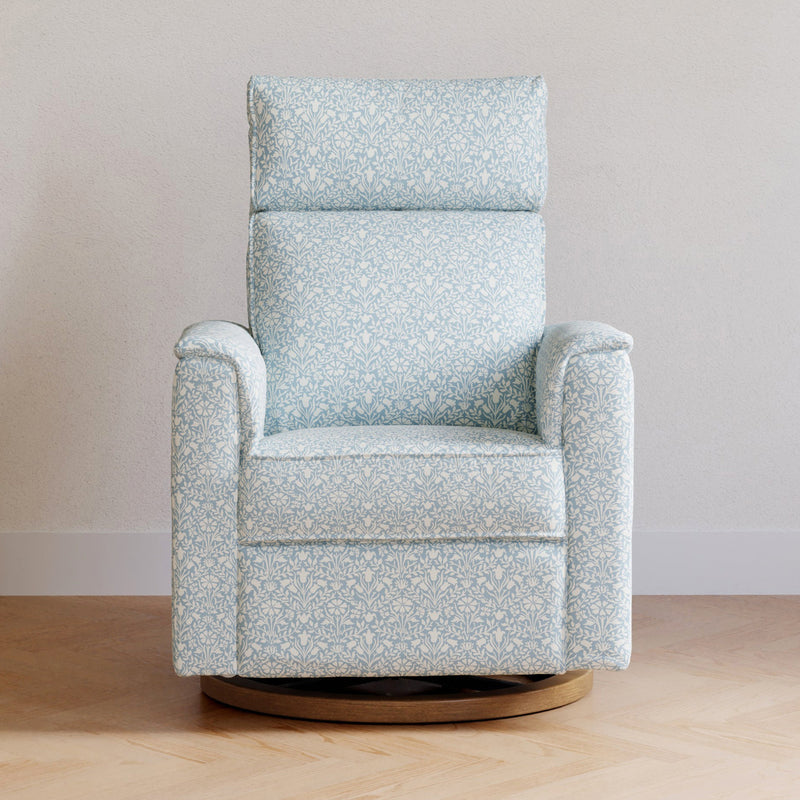 M17186BPBDB,Willa Plus Power Glider Recliner w/ Power Headrest in Bellflowers in Powdered Blue w/ Dark Wood Base