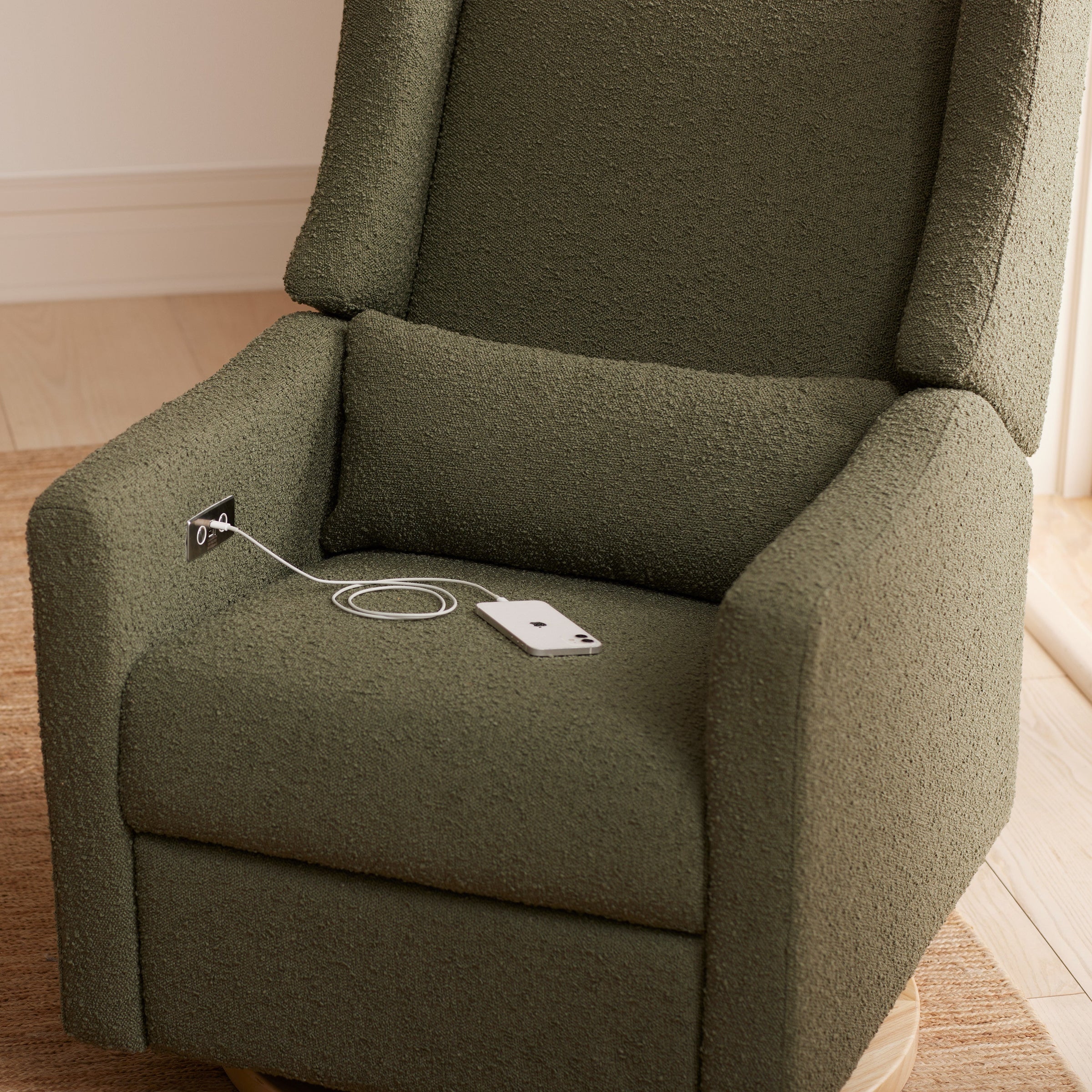 M11288OBLB,Kiwi Glider Recliner w/ Electronic Control and USB in Olive Boucle w/Light Wood Base