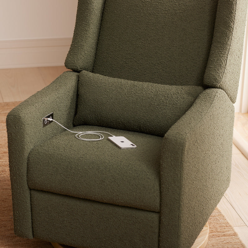 M11288OBLB,Kiwi Glider Recliner w/ Electronic Control and USB in Olive Boucle w/Light Wood Base