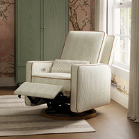 M23085OSCTB,Nate Berkus x Babyletto Sigi Power Recliner in Perf Olive Stripe Eco-Crossweave w/Toffee Base