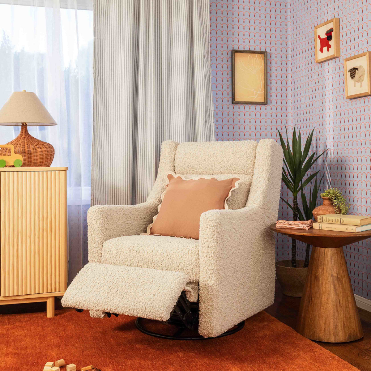 M11286AT,Kiwi Plus Power Glider Recliner w/ Power Headrest in Almond Teddy Loop