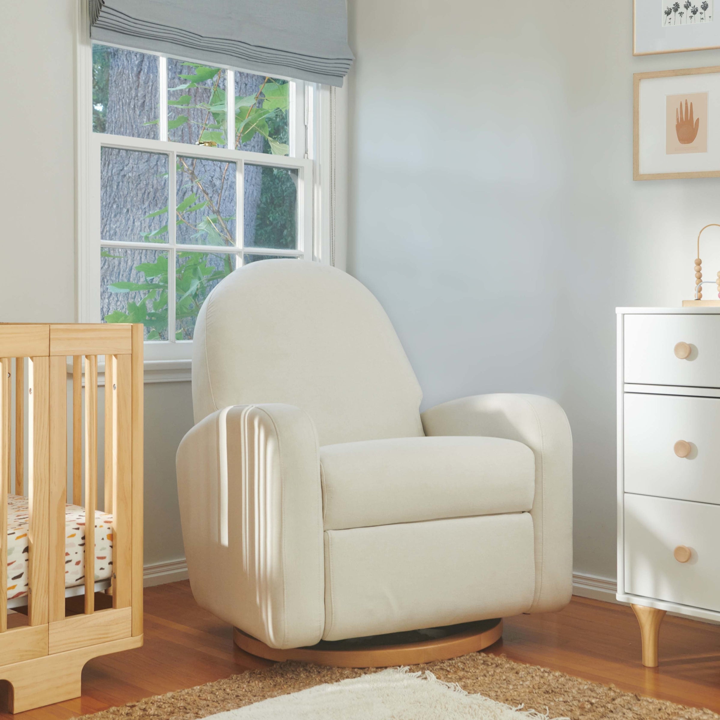 M23188PCMEWLB,Nami Glider Recliner w/ Electronic Control and USB in Performance Cream Eco-Weave w/Light wood base