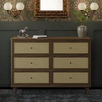 M23716NLBC,Marin with Cane 6 Drawer Assembled Dresser in Natural Walnut and Blonde Cane