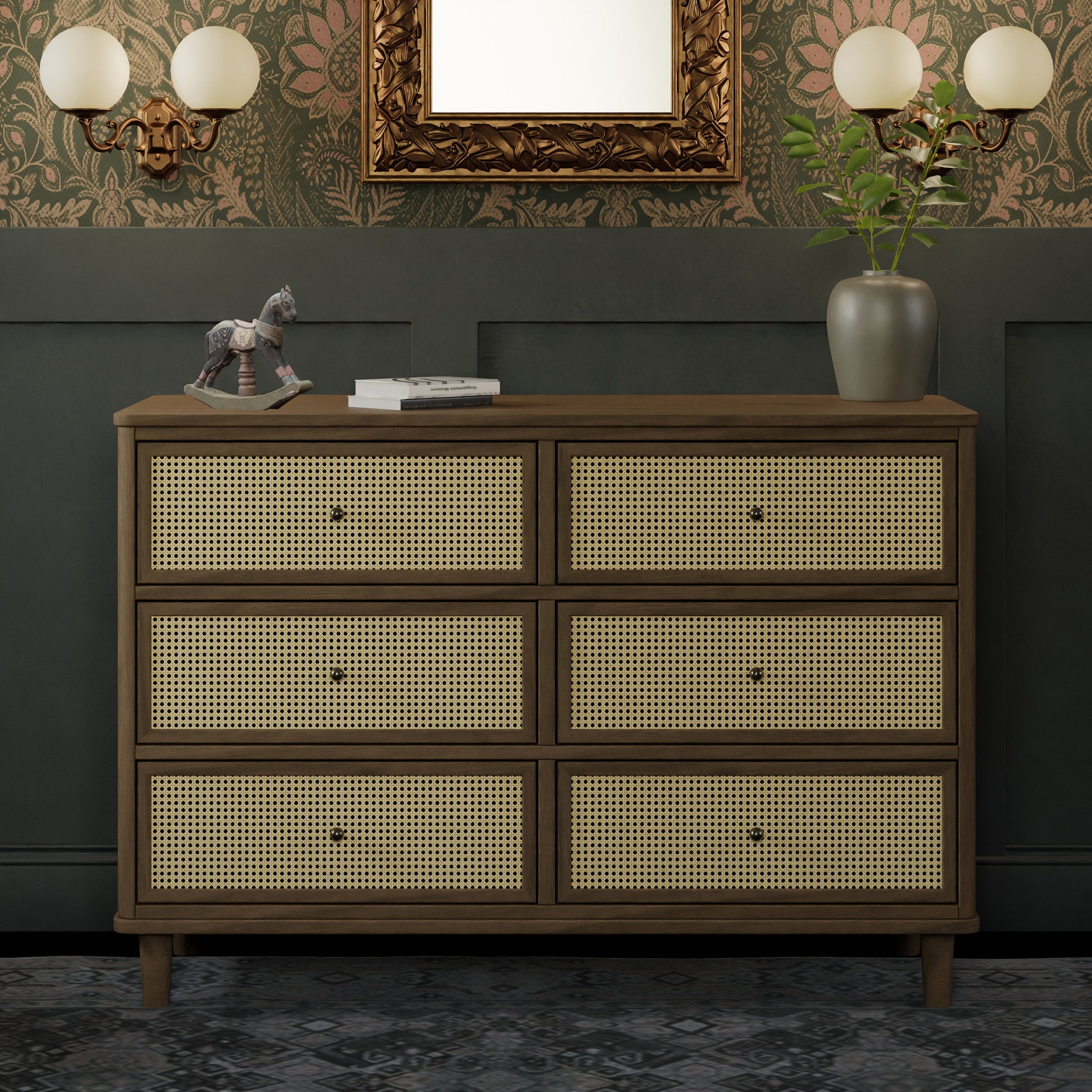 M23716NLBC,Marin with Cane 6 Drawer Assembled Dresser in Natural Walnut and Blonde Cane