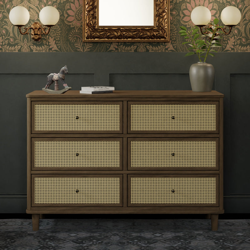 M23716NLBC,Marin with Cane 6 Drawer Assembled Dresser in Natural Walnut and Blonde Cane