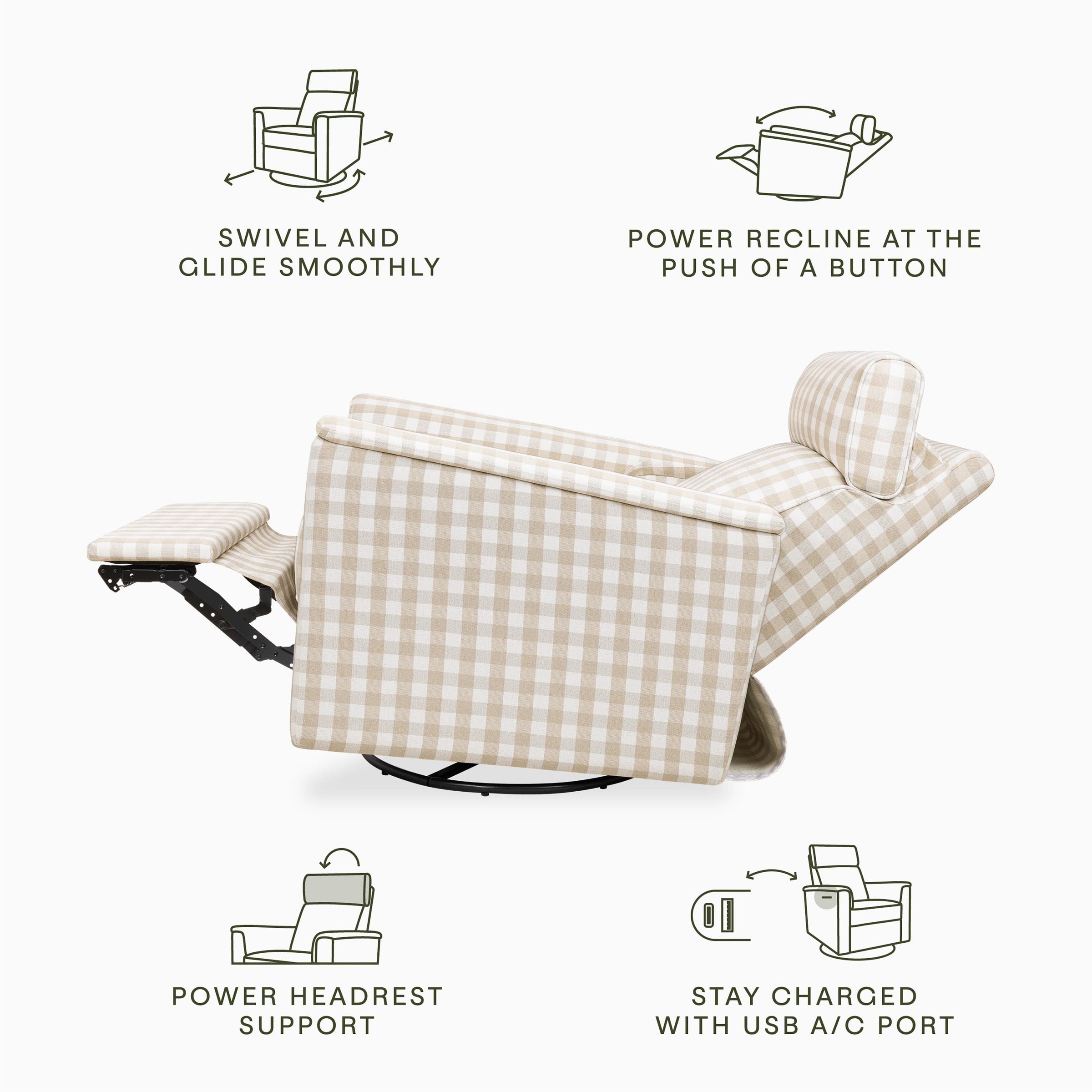 M17186TGH,Willa Plus Power Glider Recliner w/ Power Headrest in Tan Gingham