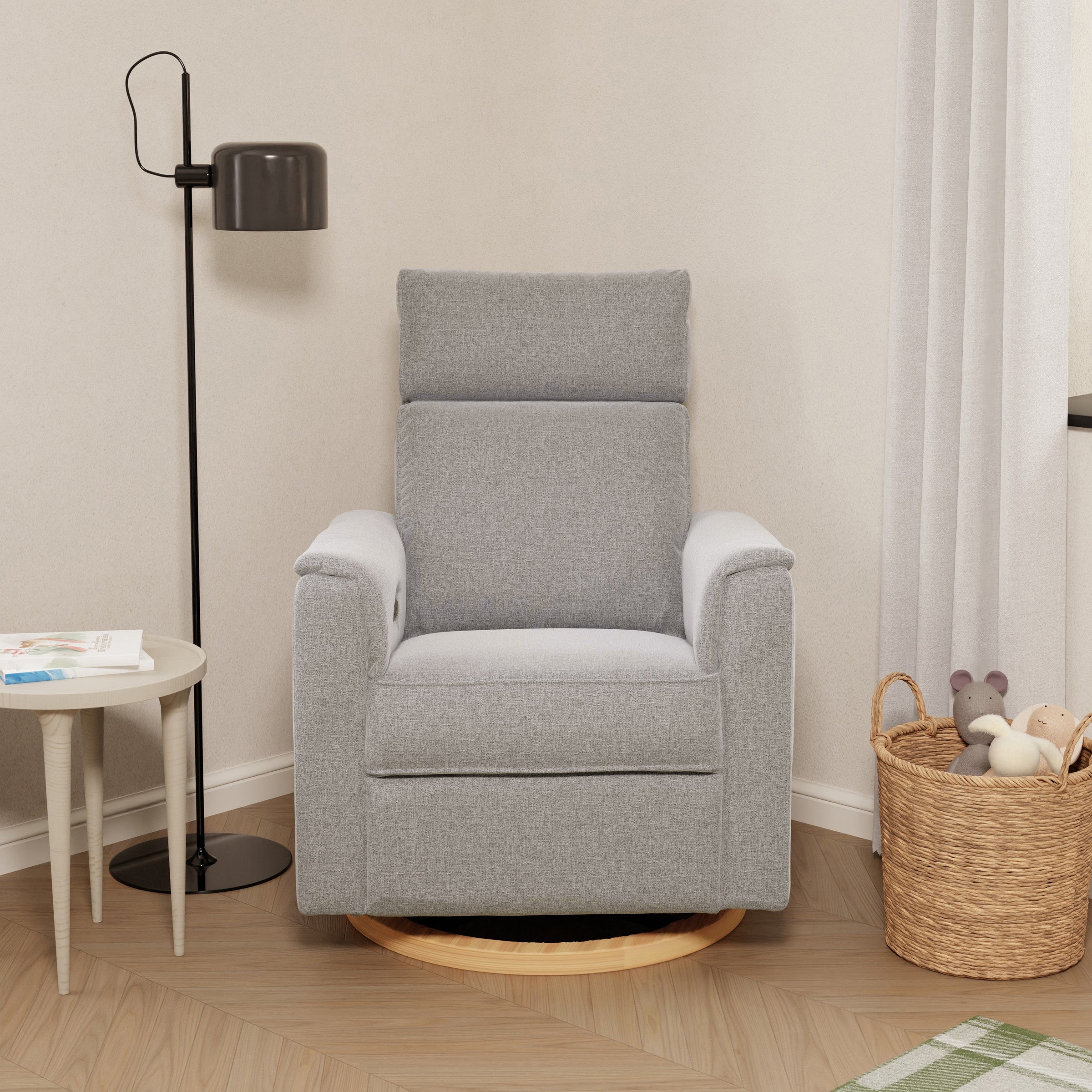 B17186PGEWLB,Willa Plus Power Glider Recliner w/ Power Headrest in Performance Grey Eco-Weave w/Light Wood Base