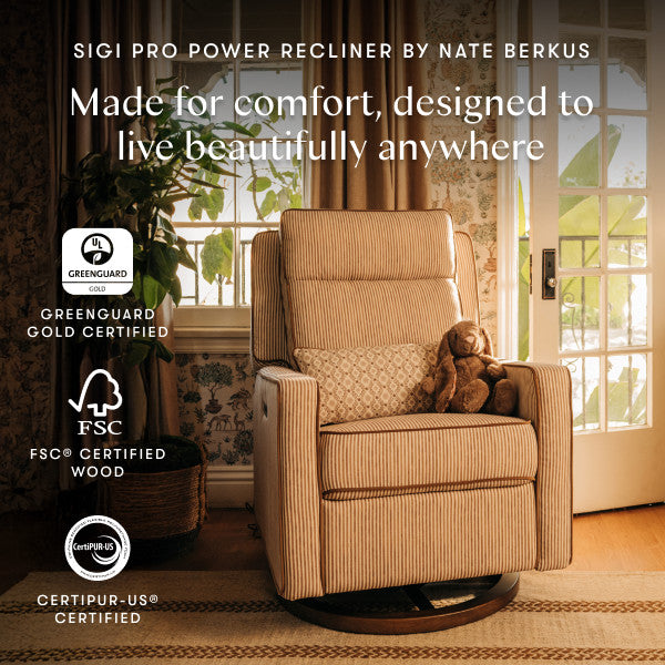 M23082BSCTB,Nate Berkus x Babyletto Sigi Pro Power Recliner in Perf Bronze Stripe Eco-Crossweave w/Toffee Base