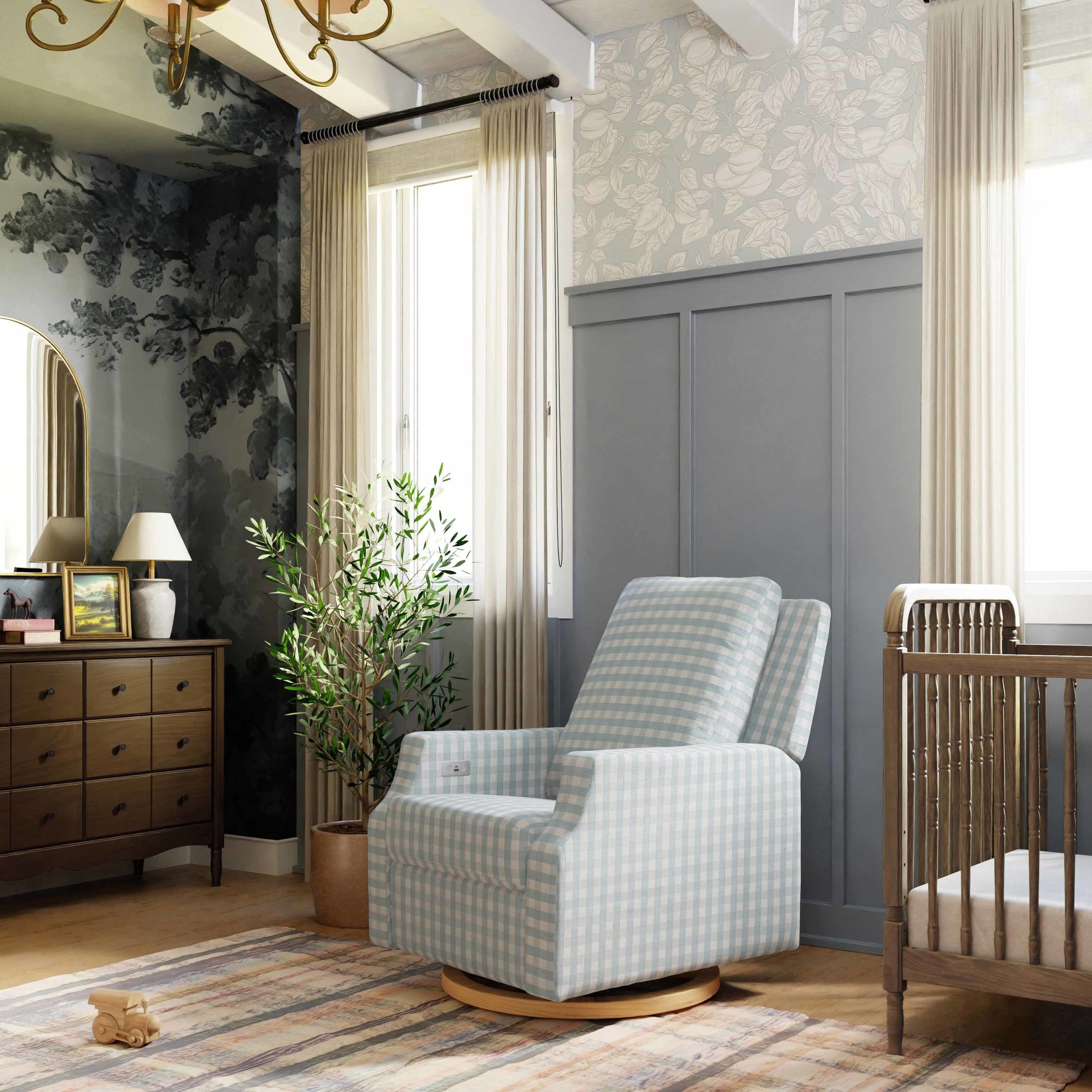 M22286BGHLB,Crewe Electronic Swivel Glider Recliner in Blue Gingham with Light Wood Base