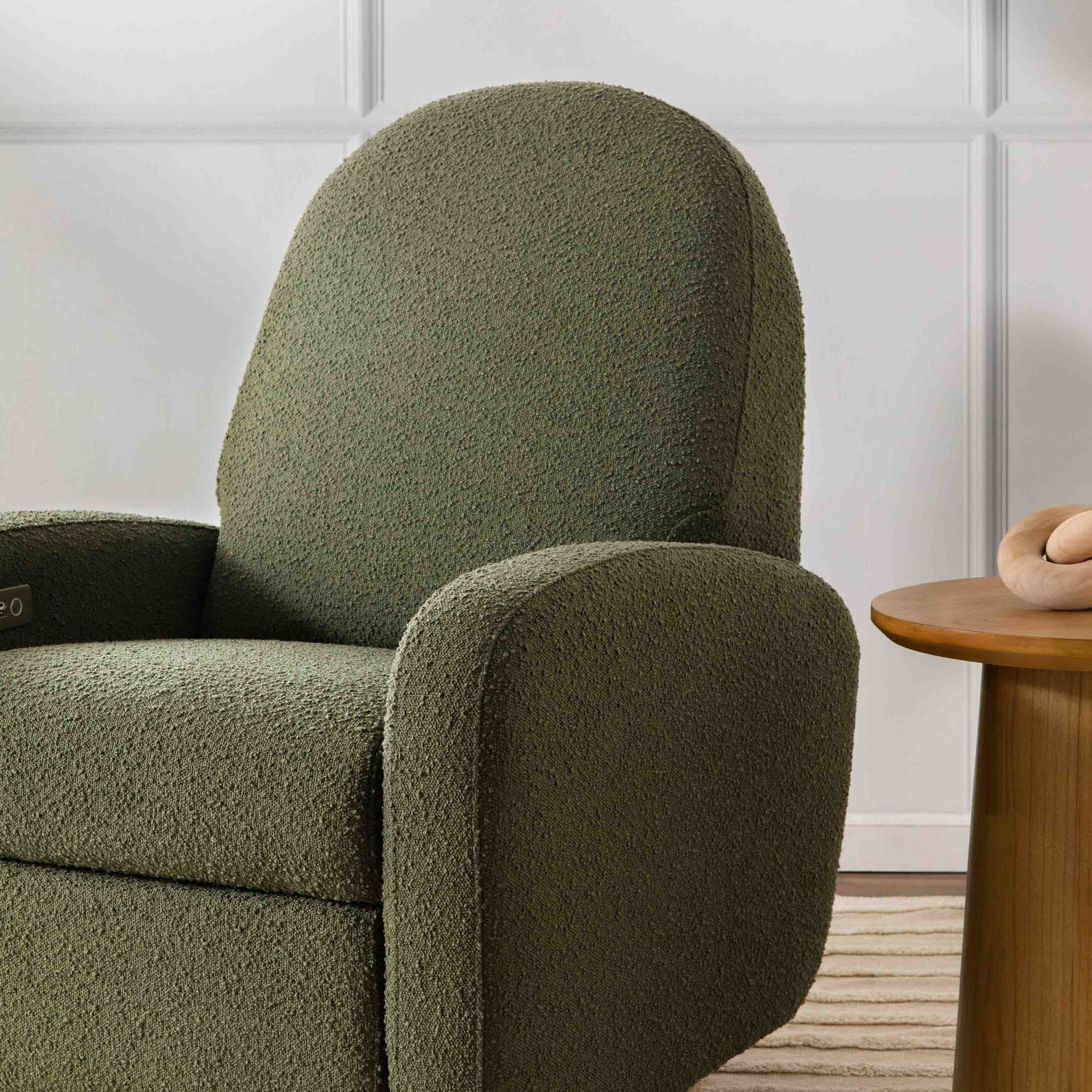 M23188OBLB,Nami Glider Recliner w/ Electronic Control and USB in Olive Boucle w/Light Wood Base