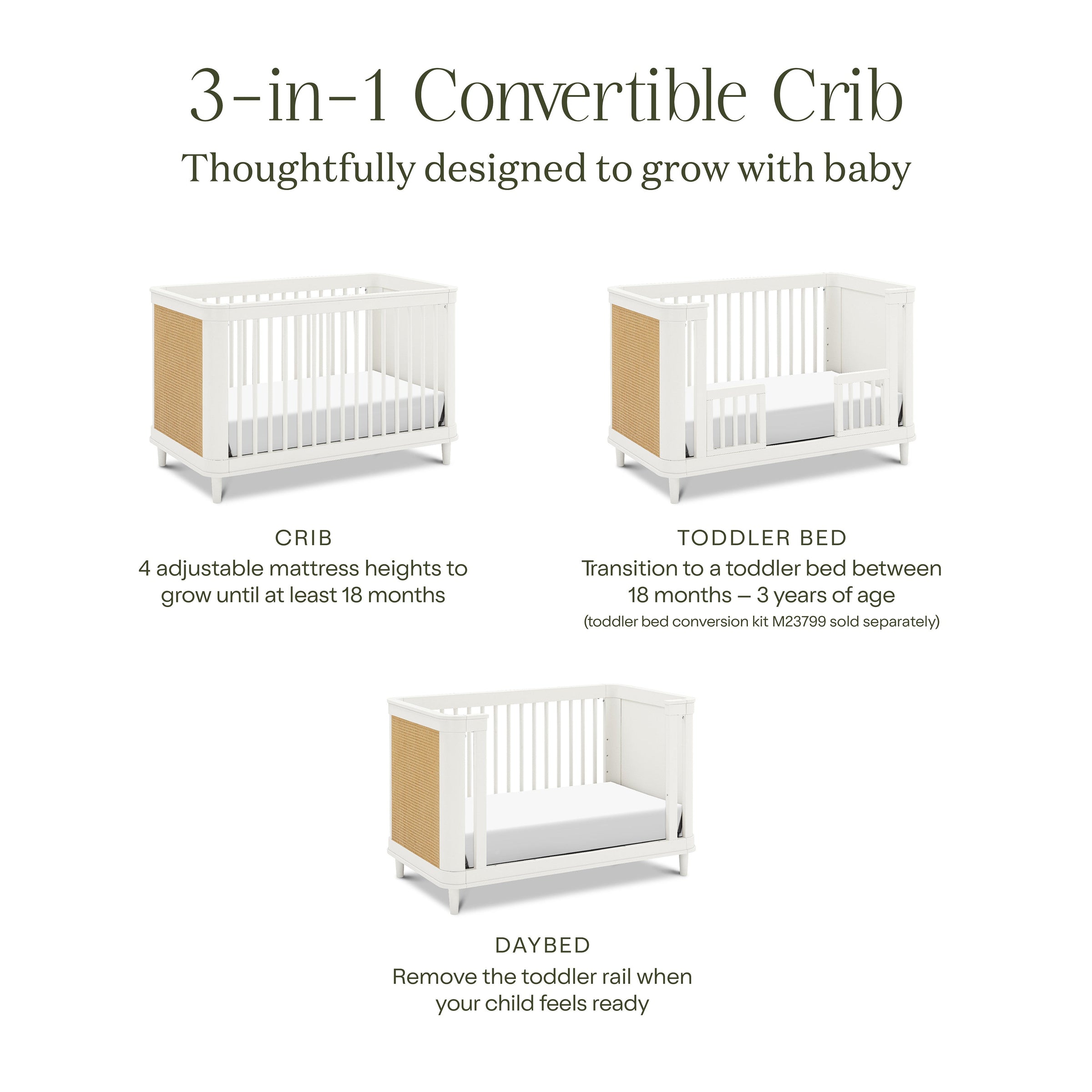 M23701RWHC,Marin with Cane 3-in-1 Convertible Crib in Warm White and Honey Cane